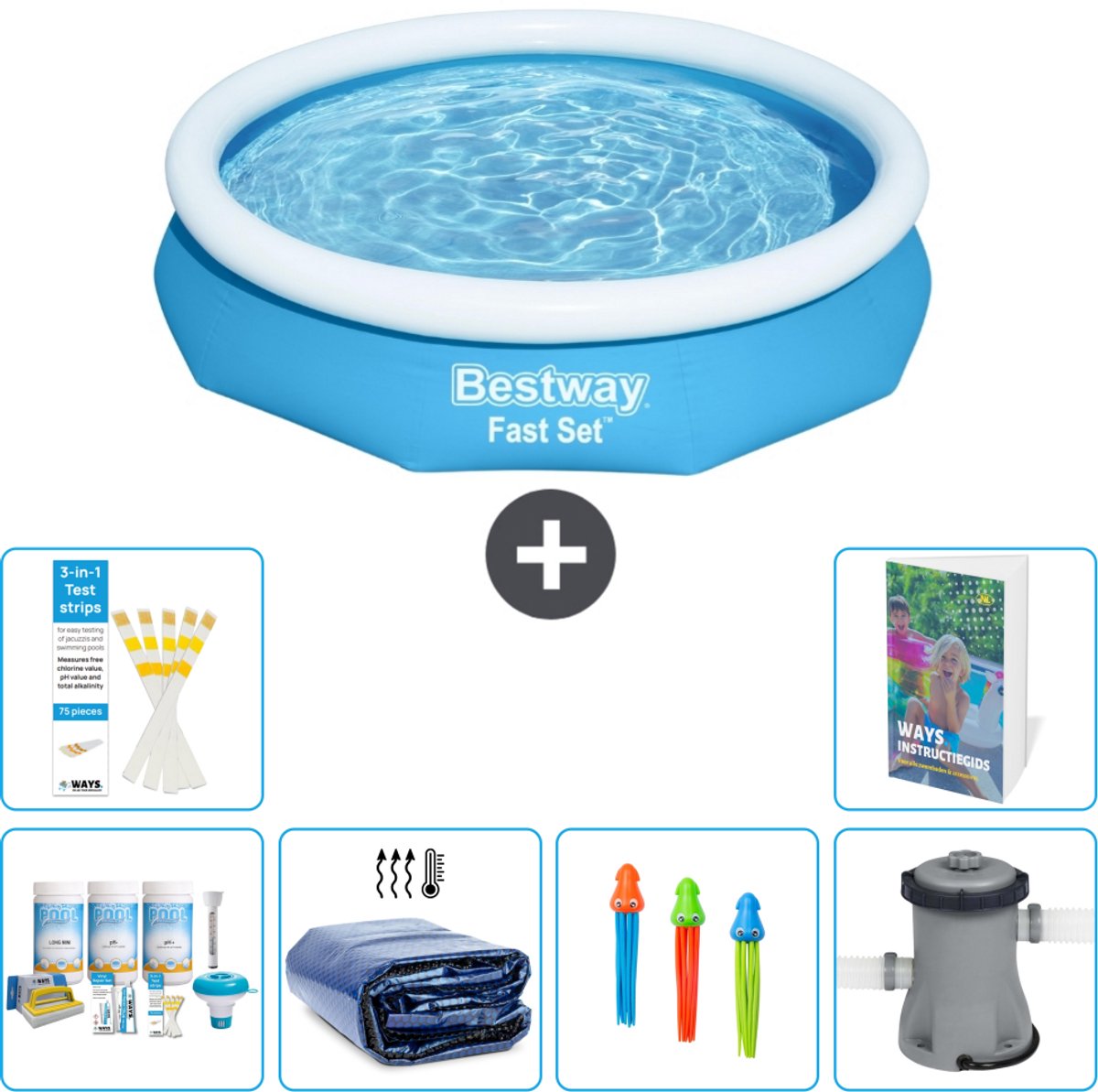 Bestway Rond Opblaasbaar Fast Set Zwembad - 305 x 66 cm - Blauw - Inclusief Onderhoudspakket - Solarzeil - Speelgoed - Zwembadfilterpomp - 7-delig