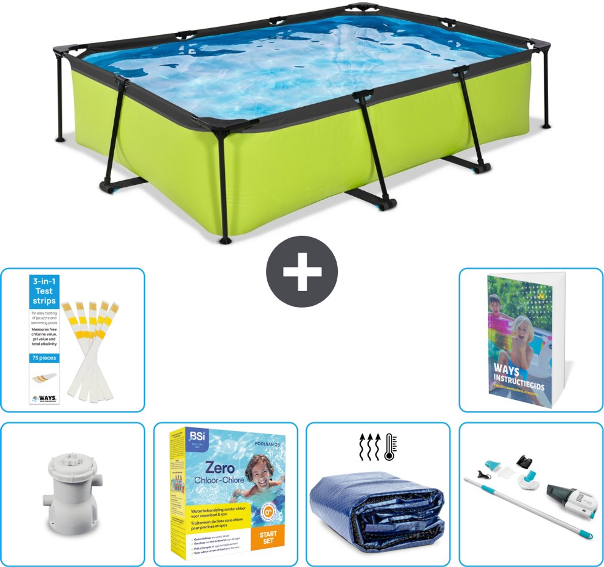 EXIT Rechthoekig Lime Frame Zwembad - 300 x 200 x 65 cm - Inclusief Pomp - Onderhoudspakket - Solarzeil - Stofzuiger - 7-delig