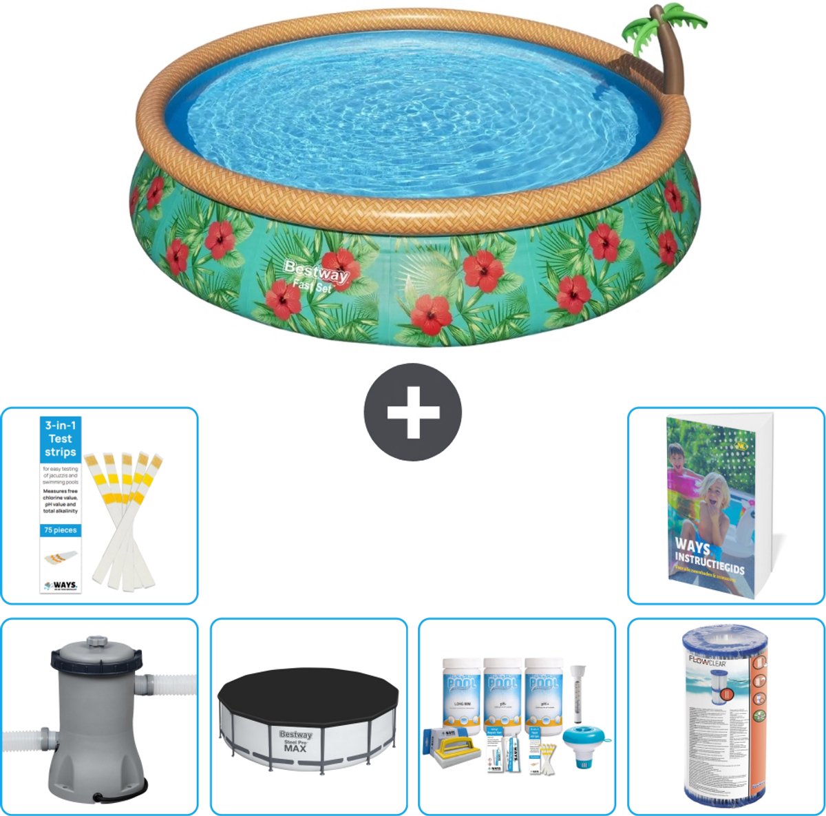 Bestway Rond Opblaasbaar Fast Set Zwembad - Paradijsprint - 457 x 84 cm - Inclusief Pomp - Afdekzeil - Onderhoudspakket - Filter - 7-delig