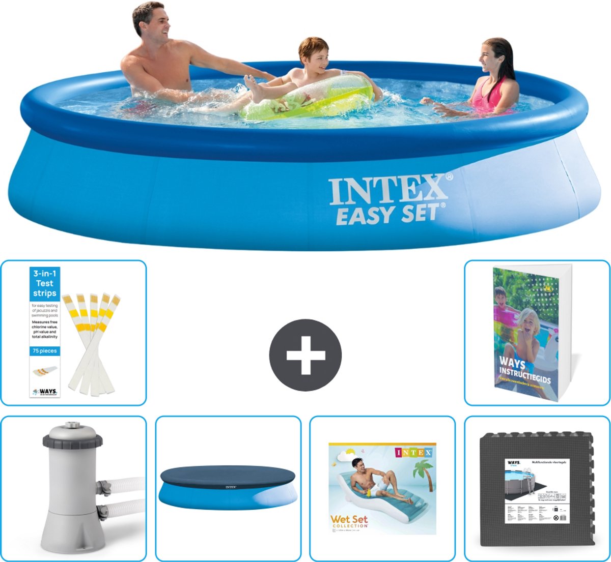 Intex Rond Opblaasbaar Easy Set Zwembad - 366 x 76 cm - Blauw - Inclusief Pomp - Afdekzeil - Loungebed - Vloertegels - 7-delig