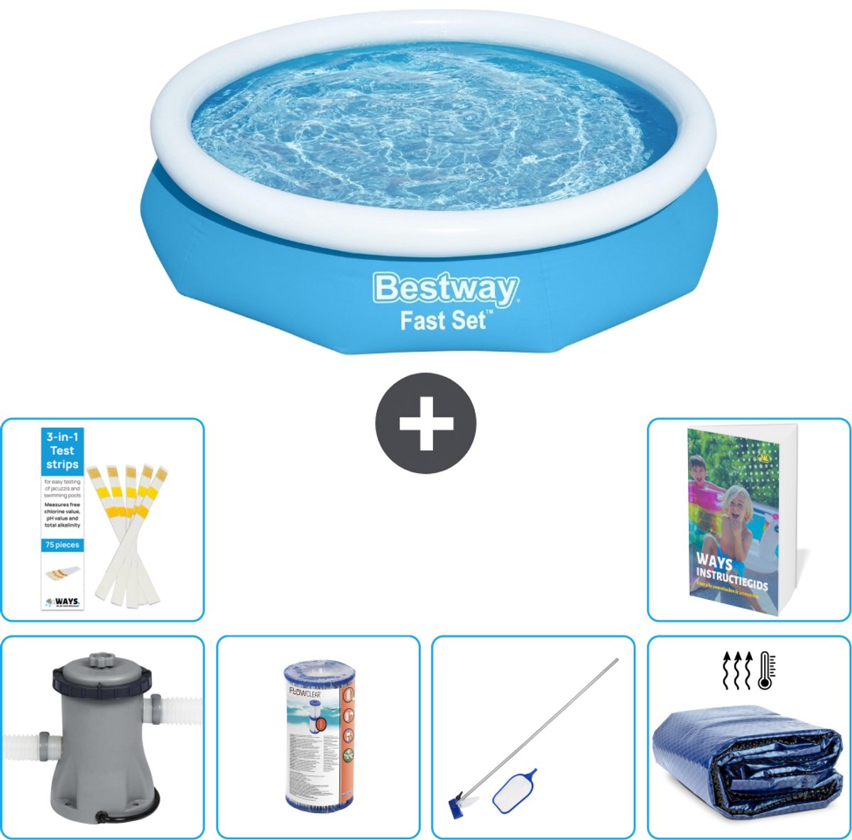 Bestway Rond Opblaasbaar Fast Set Zwembad - 305 x 66 cm - Blauw - Inclusief Pomp - Filter - Schoonmaakset - Solarzeil - 7-delig