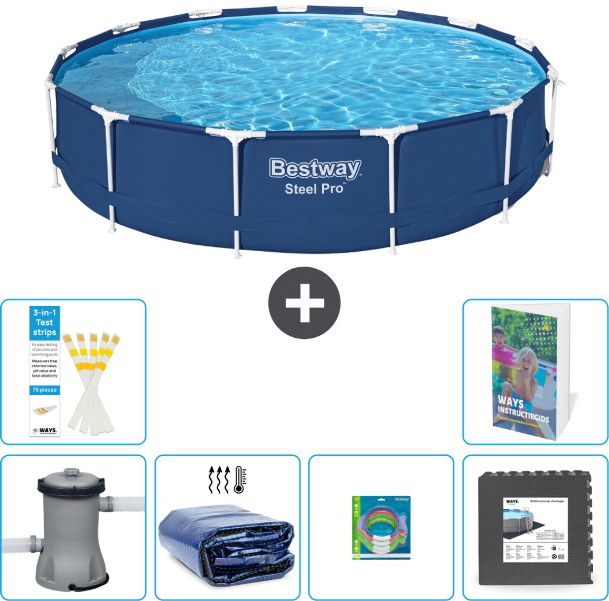 Bestway Rond Steel Pro Zwembad - 396 x 84 cm - Blauw - Inclusief Pomp - Solarzeil - Speelgoed - Vloertegels - 7-delig