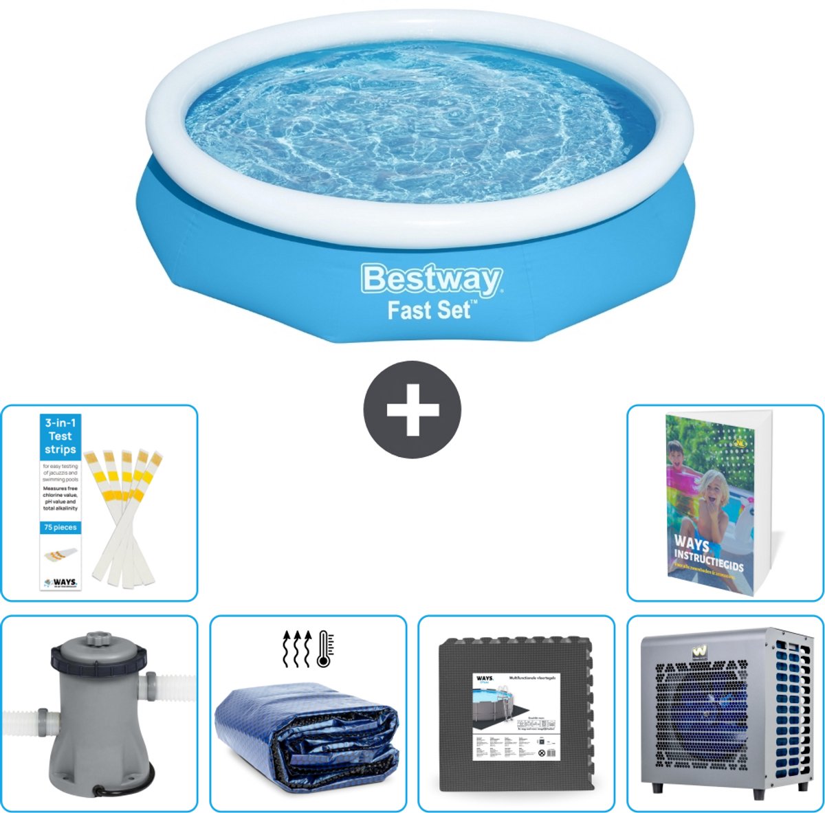 Bestway Rond Opblaasbaar Fast Set Zwembad - 305 x 66 cm - Blauw - Inclusief Pomp - Solarzeil - Vloertegels - Warmtepomp - 7-delig