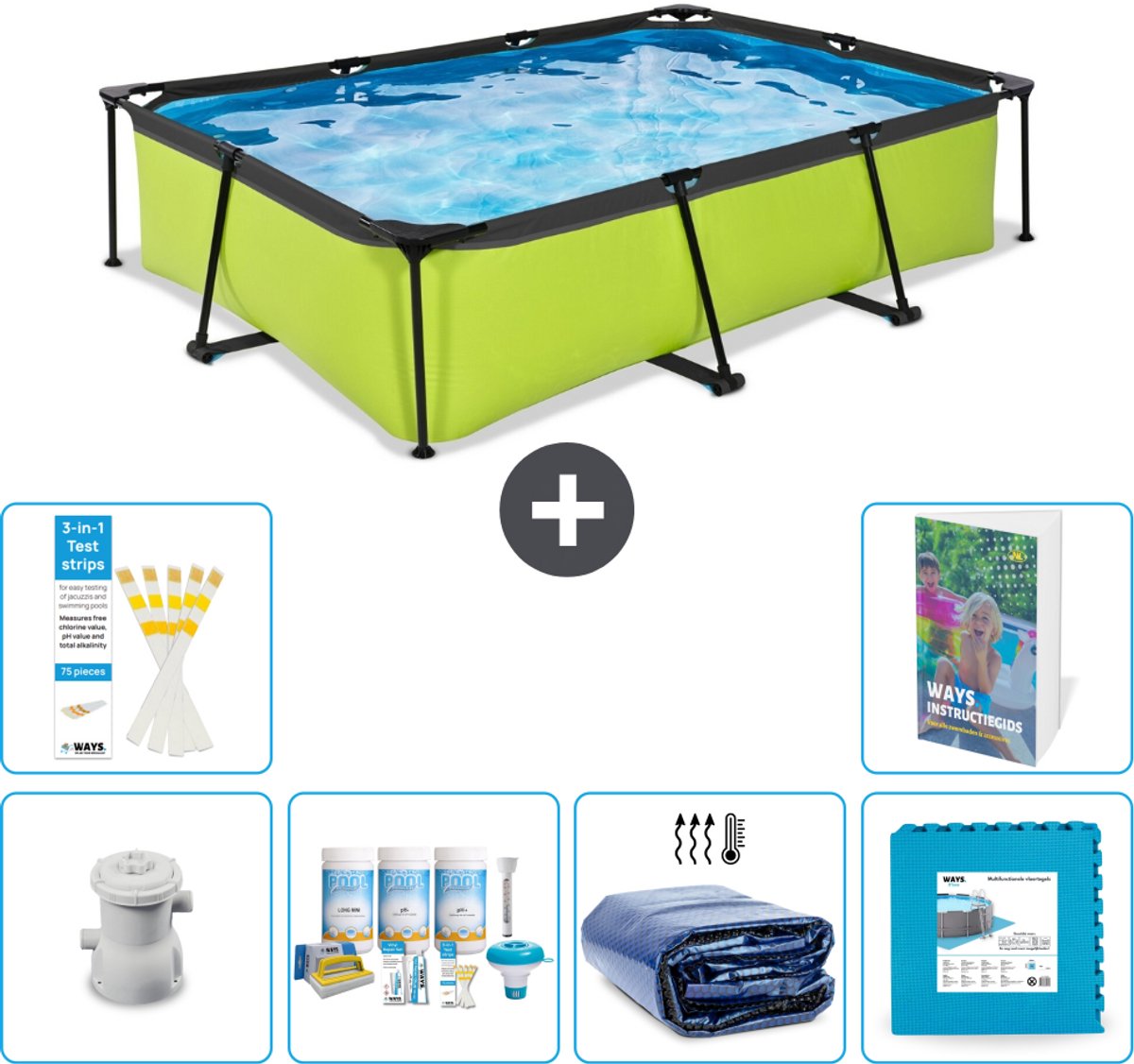 EXIT Rechthoekig Lime Frame Zwembad - 300 x 200 x 65 cm - Inclusief Pomp - Onderhoudspakket - Solarzeil - Vloertegels - 7-delig
