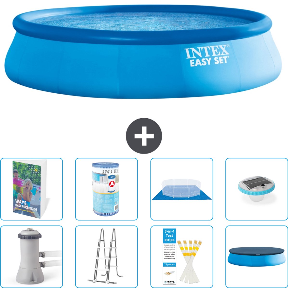 Intex Rond Opblaasbaar Easy Set Zwembad - 457 x 107 cm - Blauw - Inclusief Pomp - Ladder - Grondzeil - Afdekzeil - Filter - Verlichting - 9-delig