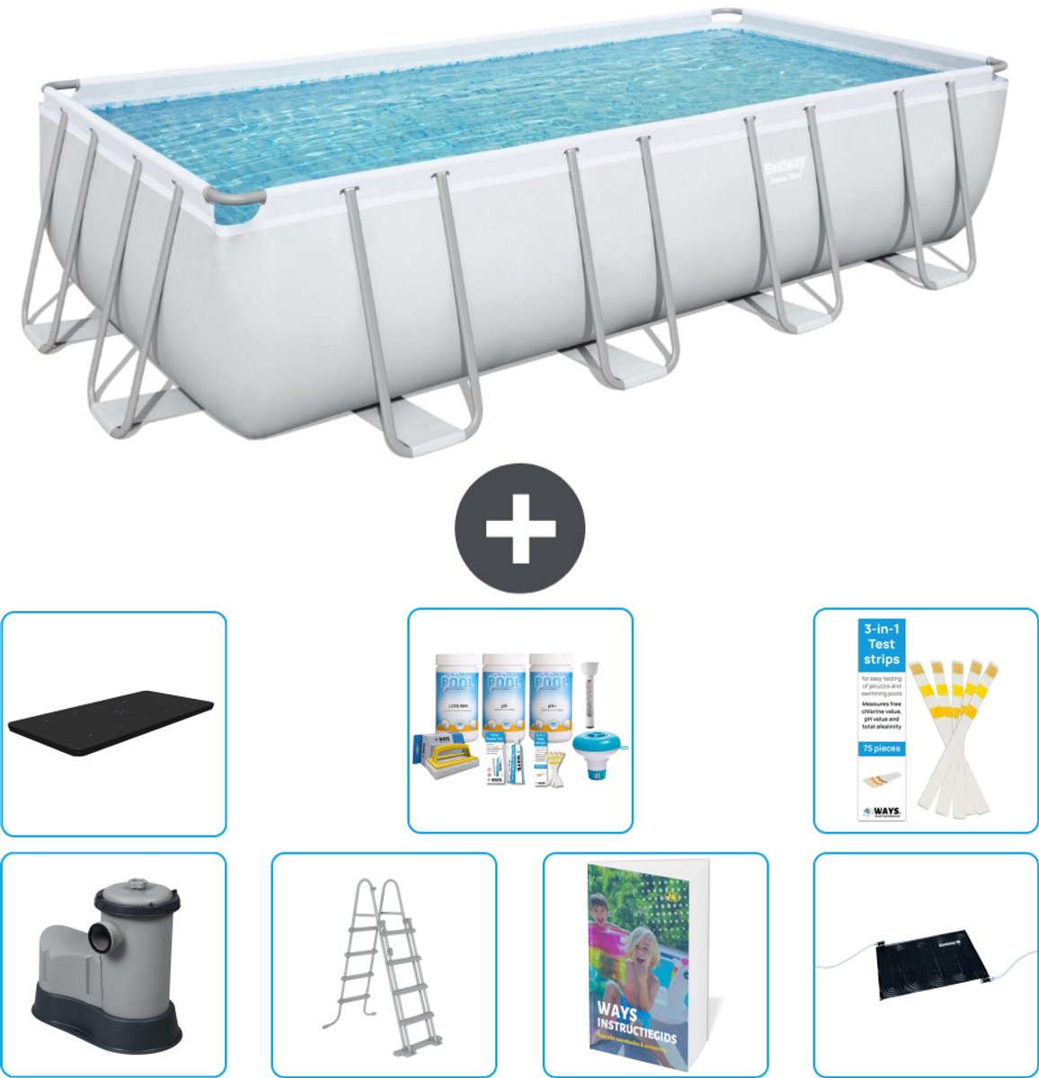 Bestway Rechthoekig Power Steel Zwembad - 549 x 274 x 122 - Grijs - Inclusief Pomp - Ladder - Afdekzeil - Onderhoudspakket - Solar Mat - 8-delig