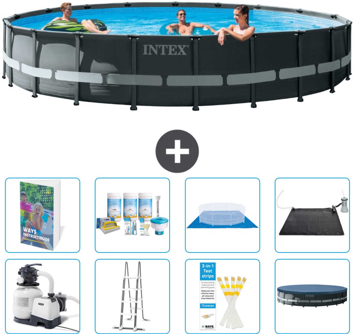 Intex Rond Ultra XTR Frame Zwembad - 610 x 122 cm - Inclusief Pomp - Ladder - Grondzeil - Afdekzeil - Onderhoudspakket - Solar Mat - 9-delig