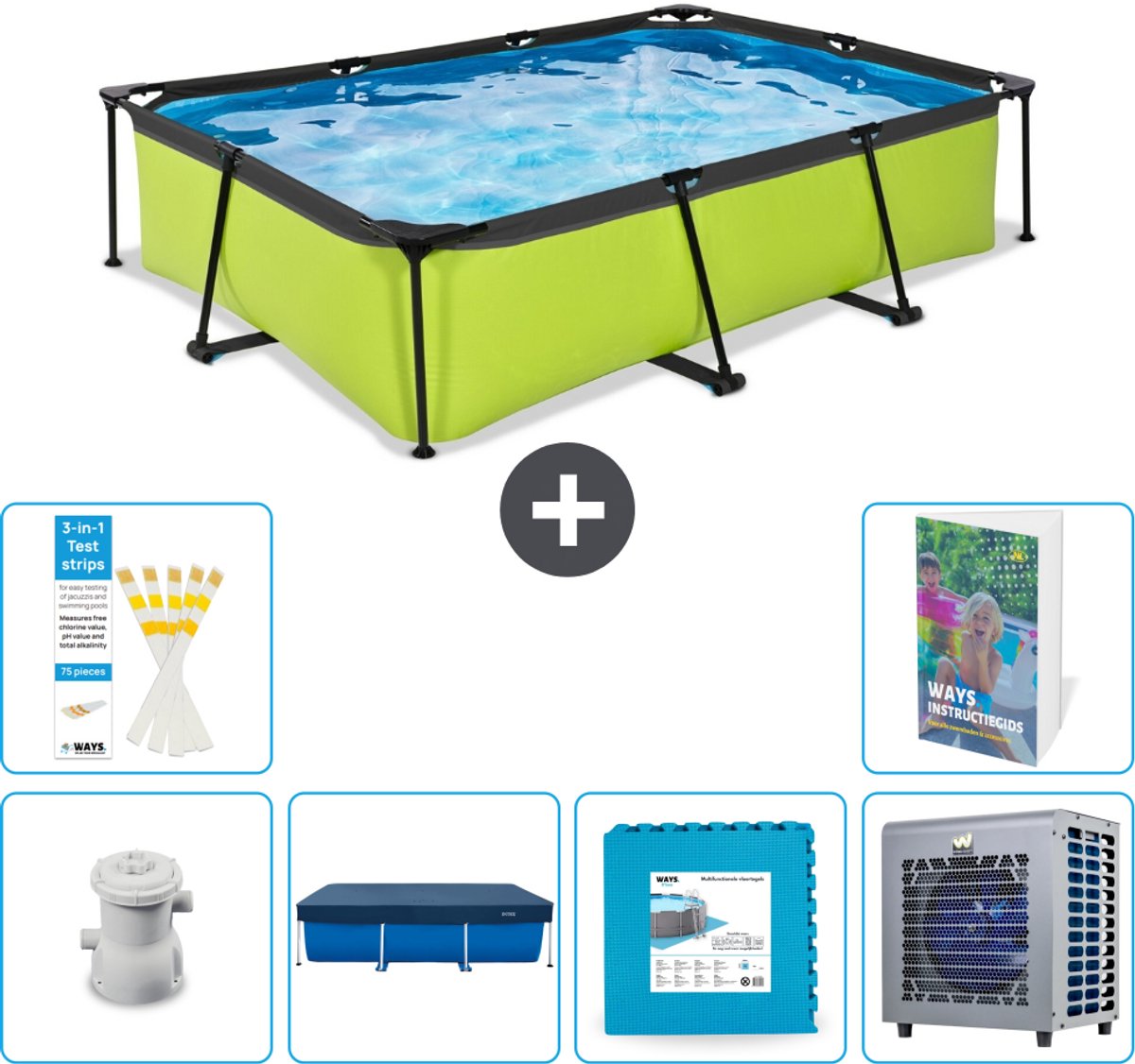 EXIT Rechthoekig Lime Frame Zwembad - 300 x 200 x 65 cm - Inclusief Pomp - Afdekzeil - Vloertegels - Warmtepomp - 7-delig