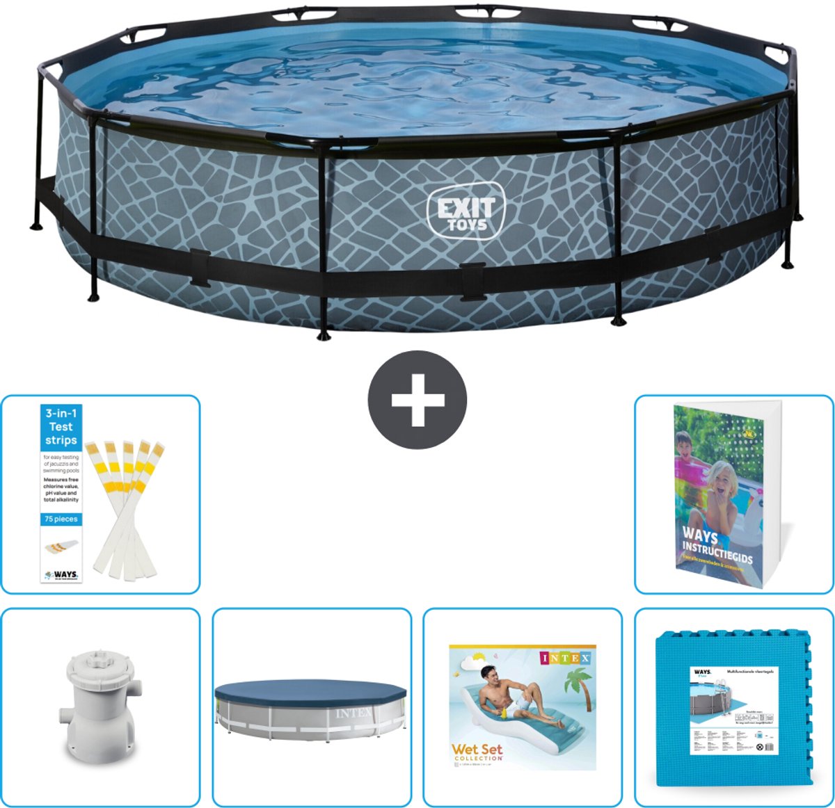 EXIT Rond Stone Frame Zwembad - 360 x 76 cm - Inclusief Pomp - Afdekzeil - Loungebed - Vloertegels - 7-delig