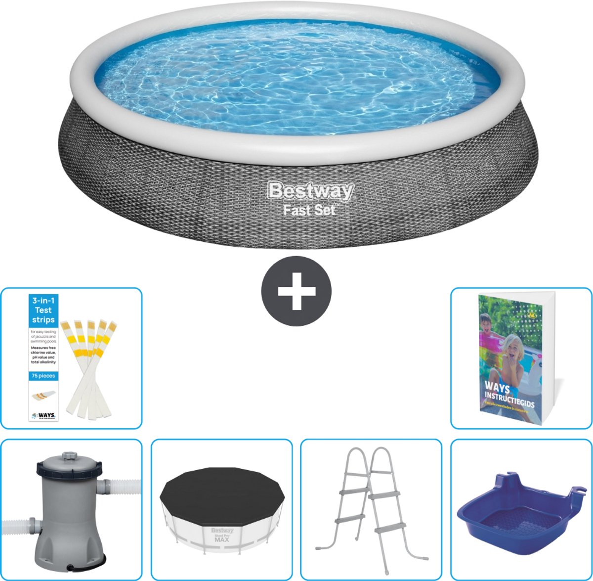 Bestway Rond Opblaasbaar Fast Set Zwembad - Rotanprint - 396 x 84 cm - Inclusief Pomp - Afdekzeil - Ladder - Voetenbad - 7-delig
