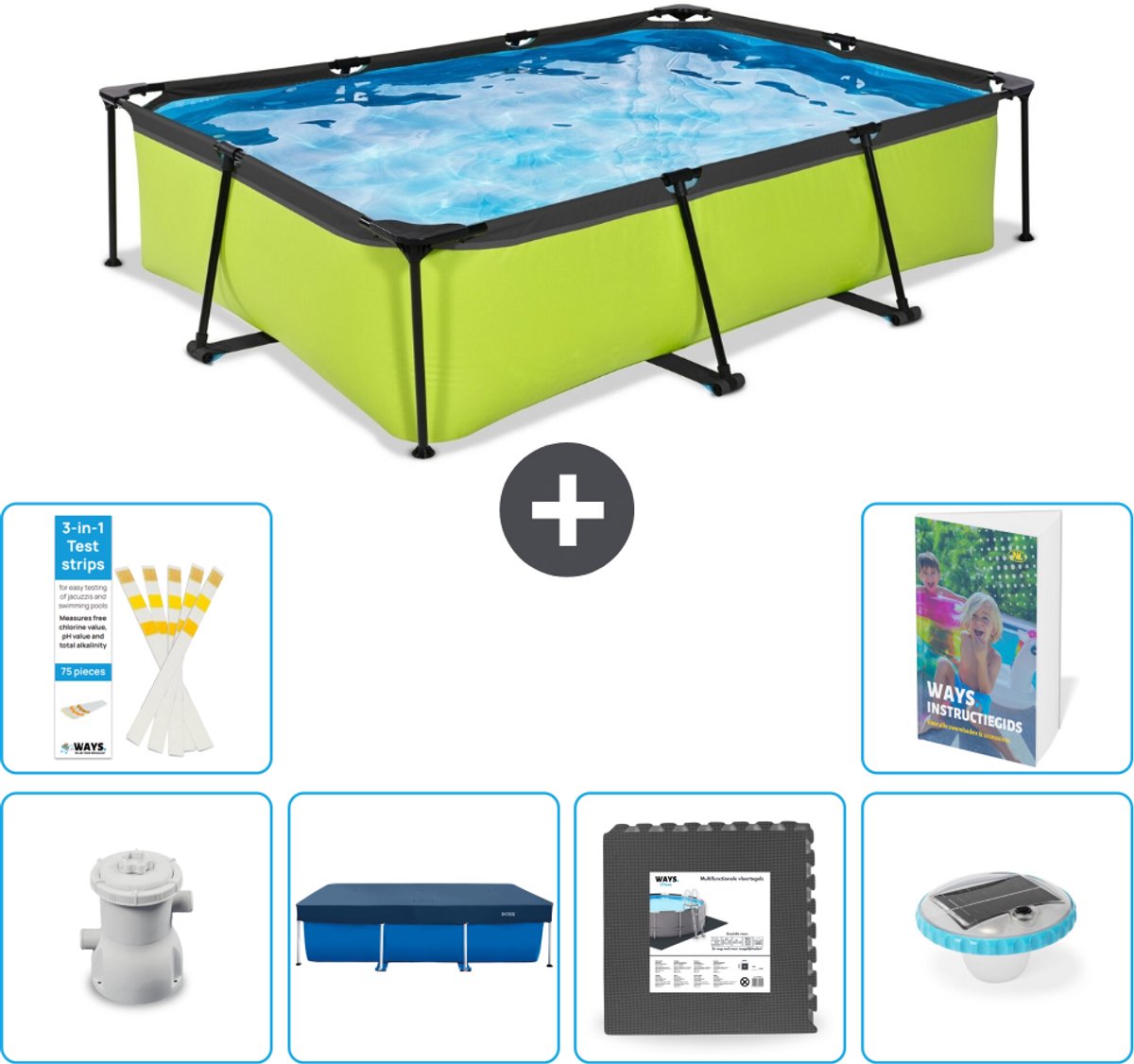 EXIT Rechthoekig Lime Frame Zwembad - 300 x 200 x 65 cm - Inclusief Pomp - Afdekzeil - Vloertegels - Verlichting - 7-delig