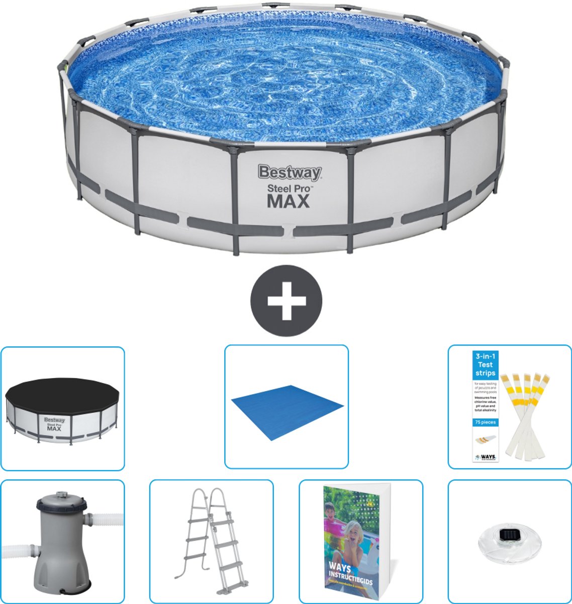 Bestway Rond Steel Pro MAX Zwembad - 457 x 107 cm - Grijs - Inclusief Pomp - Ladder - Afdekzeil - Grondzeil - Verlichting - 8-delig