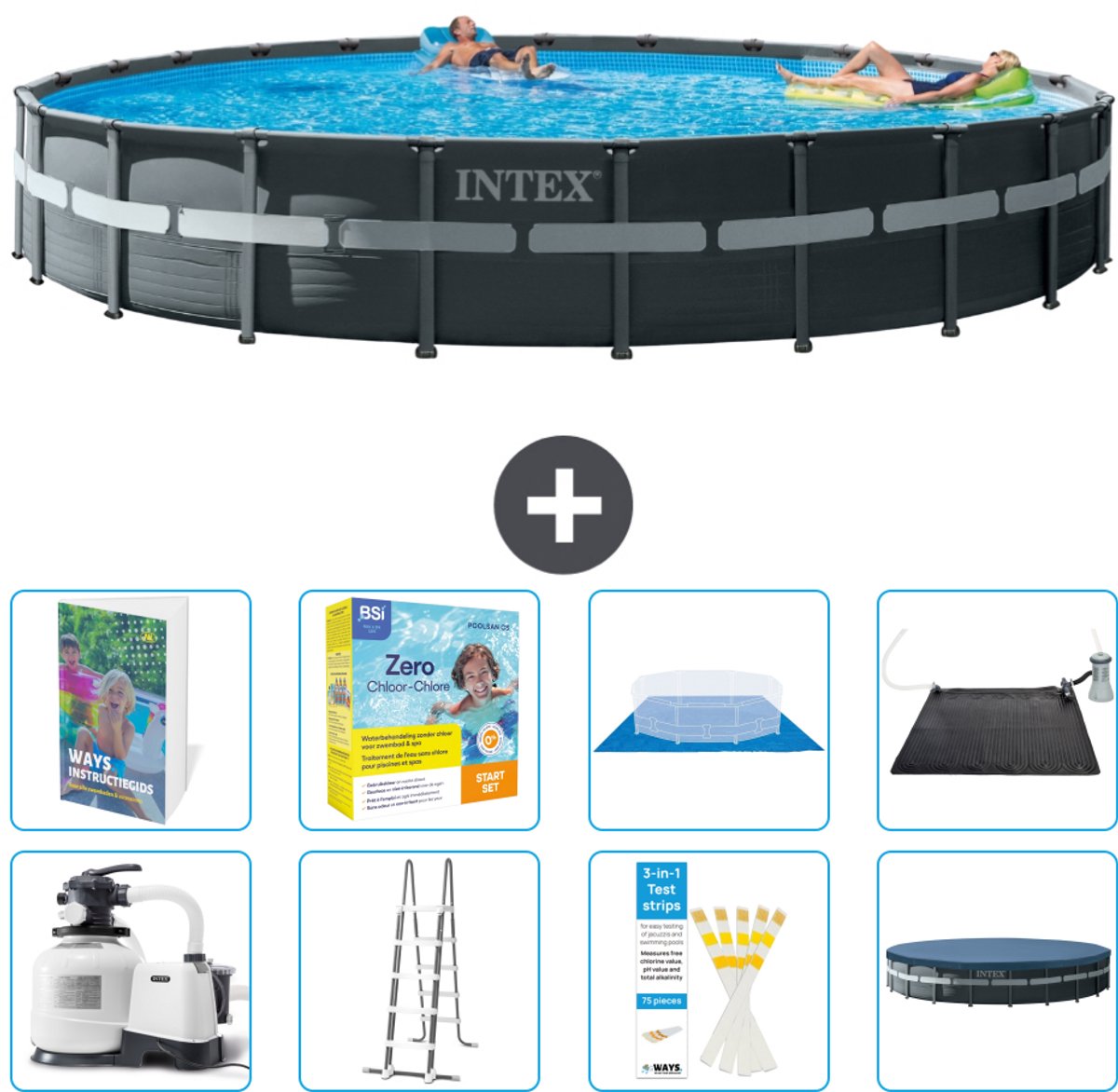 Intex Rond Ultra XTR Frame Zwembad - 732 x 132 cm - Inclusief Pomp - Ladder - Grondzeil - Afdekzeil - Onderhoudspakket - Solar Mat - 9-delig