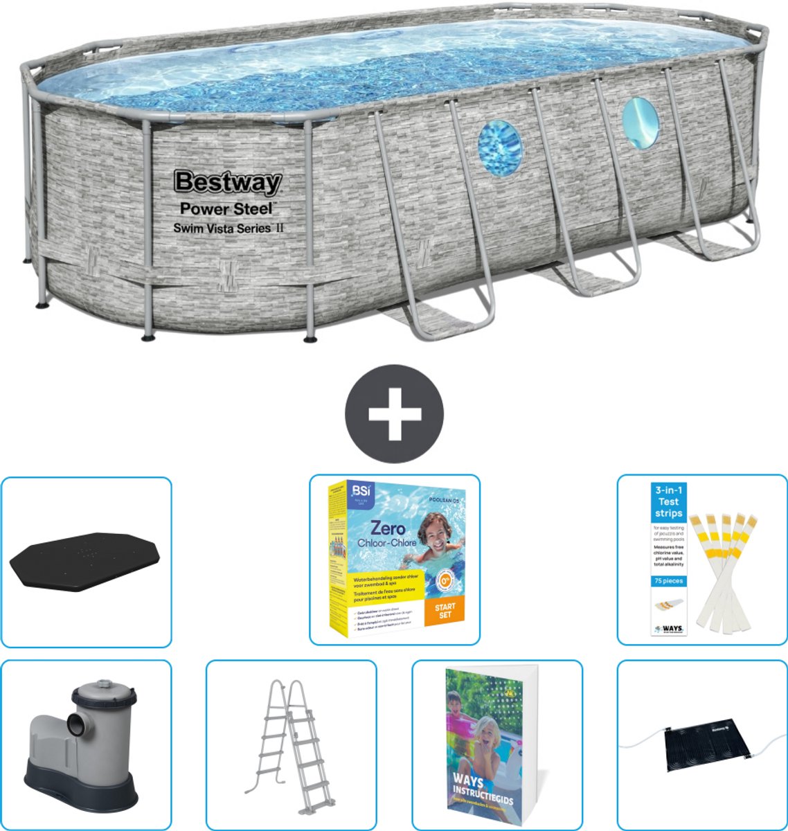 Bestway Ovaal Power Steel Swim Vista Zwembad - Steenprint - 549 x 274 x 122 - Inclusief Pomp - Ladder - Afdekzeil - Onderhoudspakket - Solar Mat - 8-delig