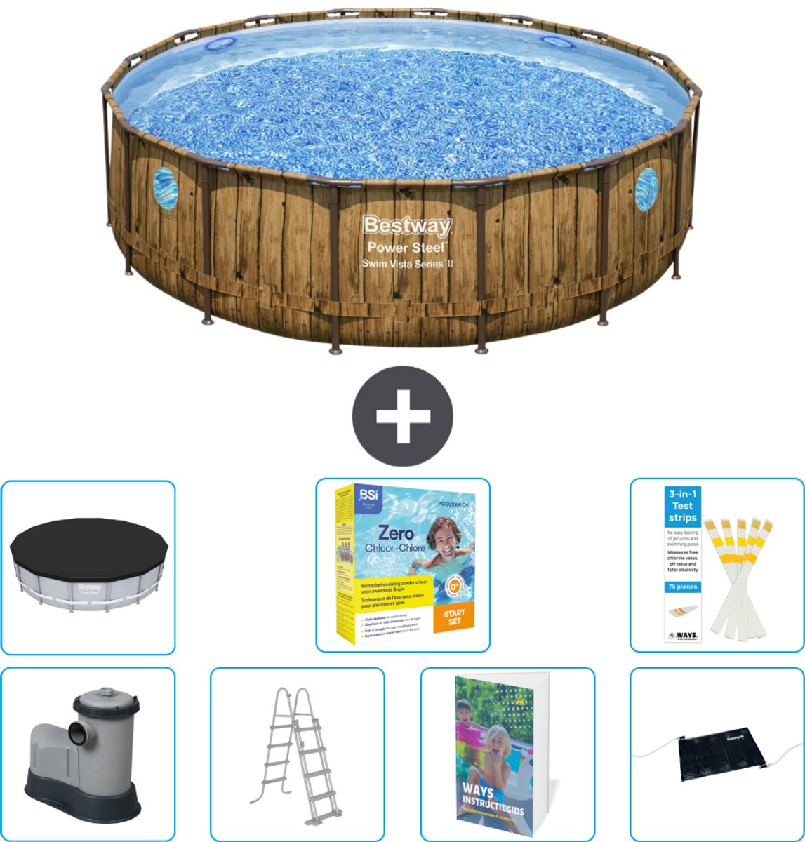 Bestway Rond Power Steel Swim Vista Zwembad - Houtprint - 488 x 122 - Inclusief Pomp - Ladder - Afdekzeil - Onderhoudspakket - Solar Mat - 8-delig