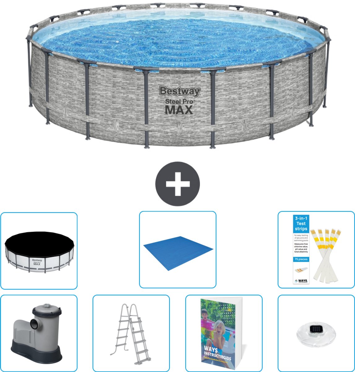 Bestway Rond Steel Pro MAX Zwembad - Steenprint - 549 x 122 - Inclusief Pomp - Ladder - Afdekzeil - Grondzeil - Verlichting - 8-delig