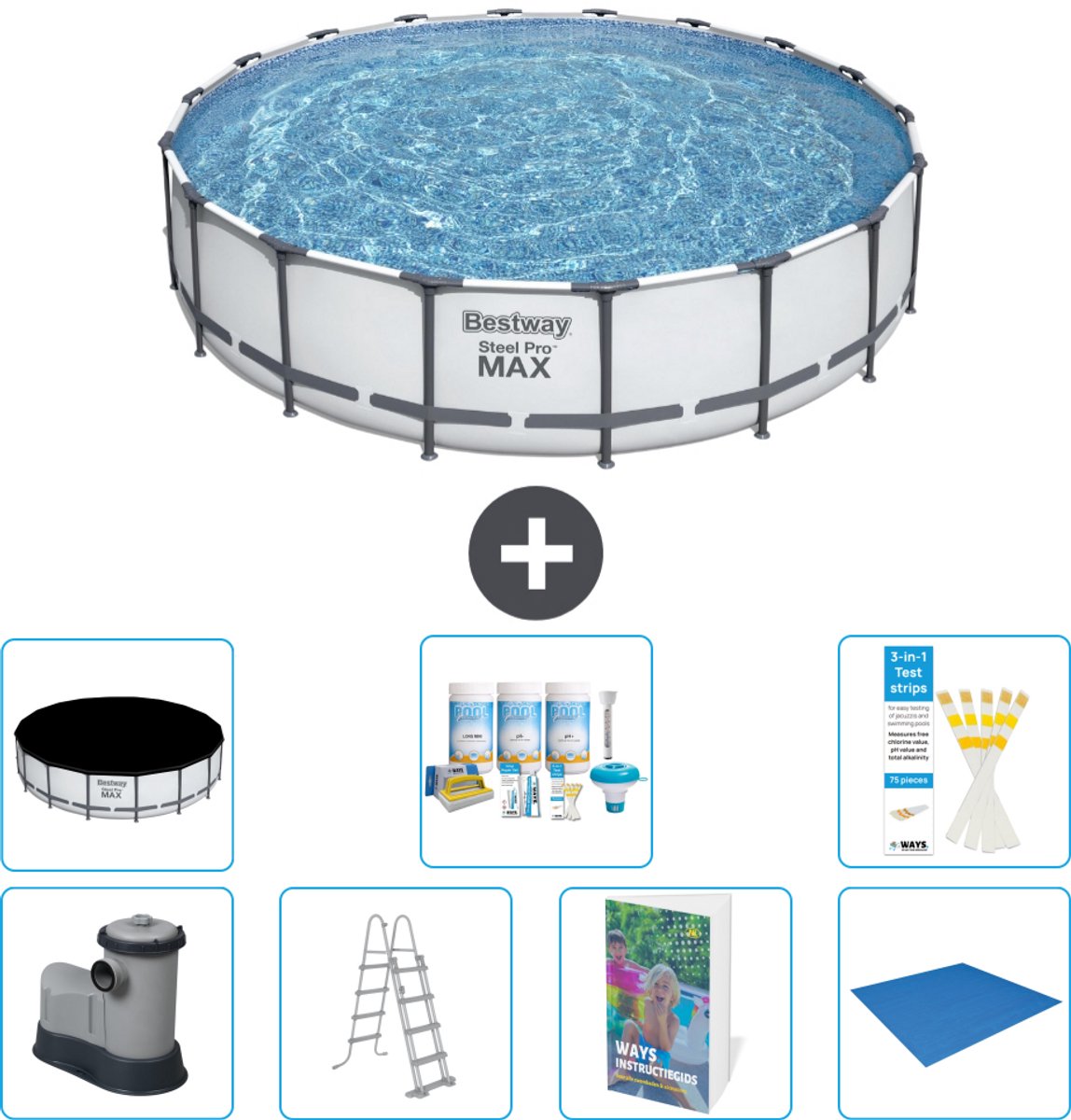 Bestway Rond Steel Pro MAX Zwembad - 549 x 122 cm - Grijs - Inclusief Pomp - Ladder - Afdekzeil - Onderhoudspakket - Grondzeil - 8-delig