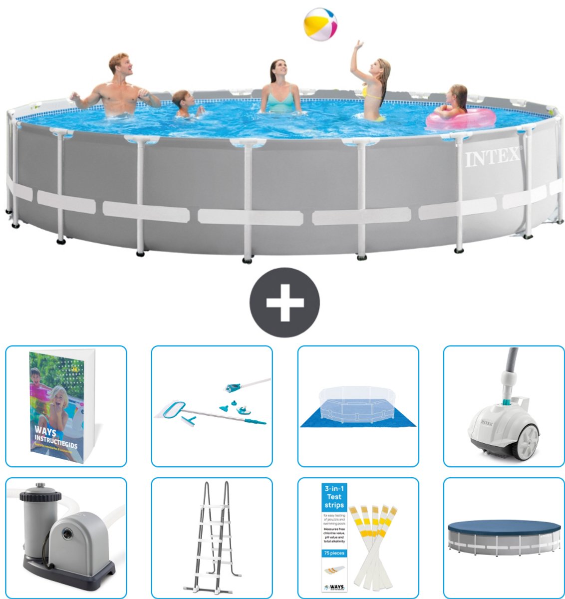 Intex Rond Prism Frame Zwembad - 610 x 132 cm - Grijs - Inclusief Pomp - Ladder - Grondzeil - Afdekzeil - Schoonmaakset - Stofzuiger - 9-delig