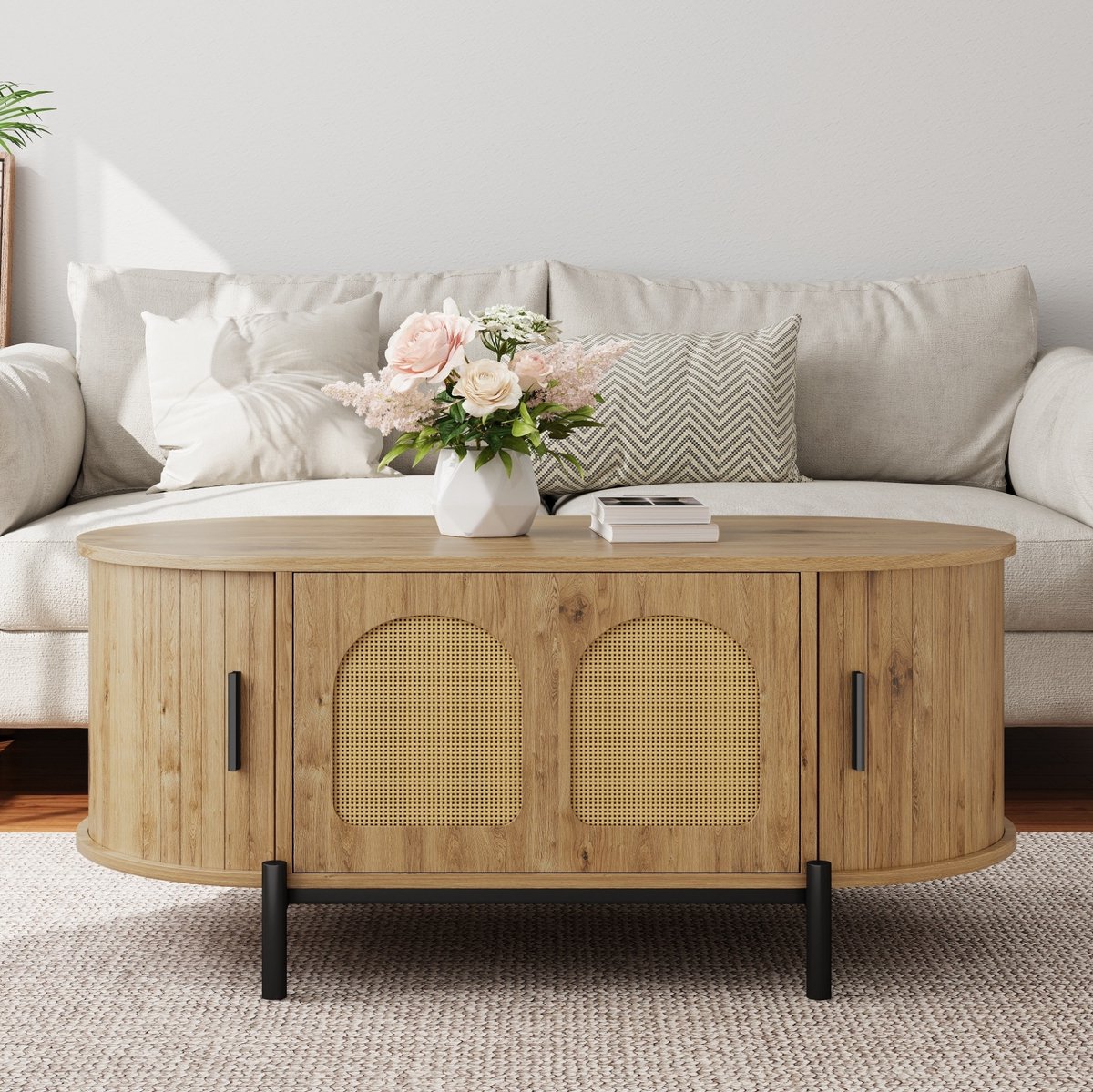 REDOM - Salontafel - Ovale vorm met rattan deuren - Schuifdeuren en gesloten opbergruimte - Scandinavische stijl - Woonkamer - MDF en metaal - Natural - 100 x 50 x 40 cm