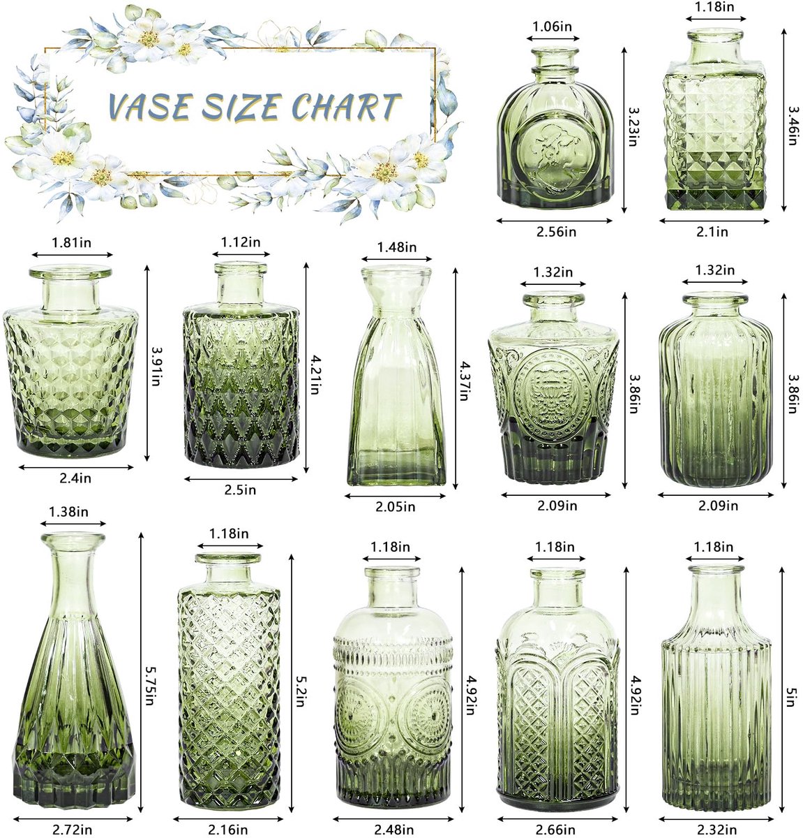 SnelShoppen - 12 Stuks Glazen Bud Vazen, Kleine Groene Bloemenvazen voor Tafeldecoratie, Vintage Mini Vaas voor Bruiloft en Huis, Perfect voor Centerp