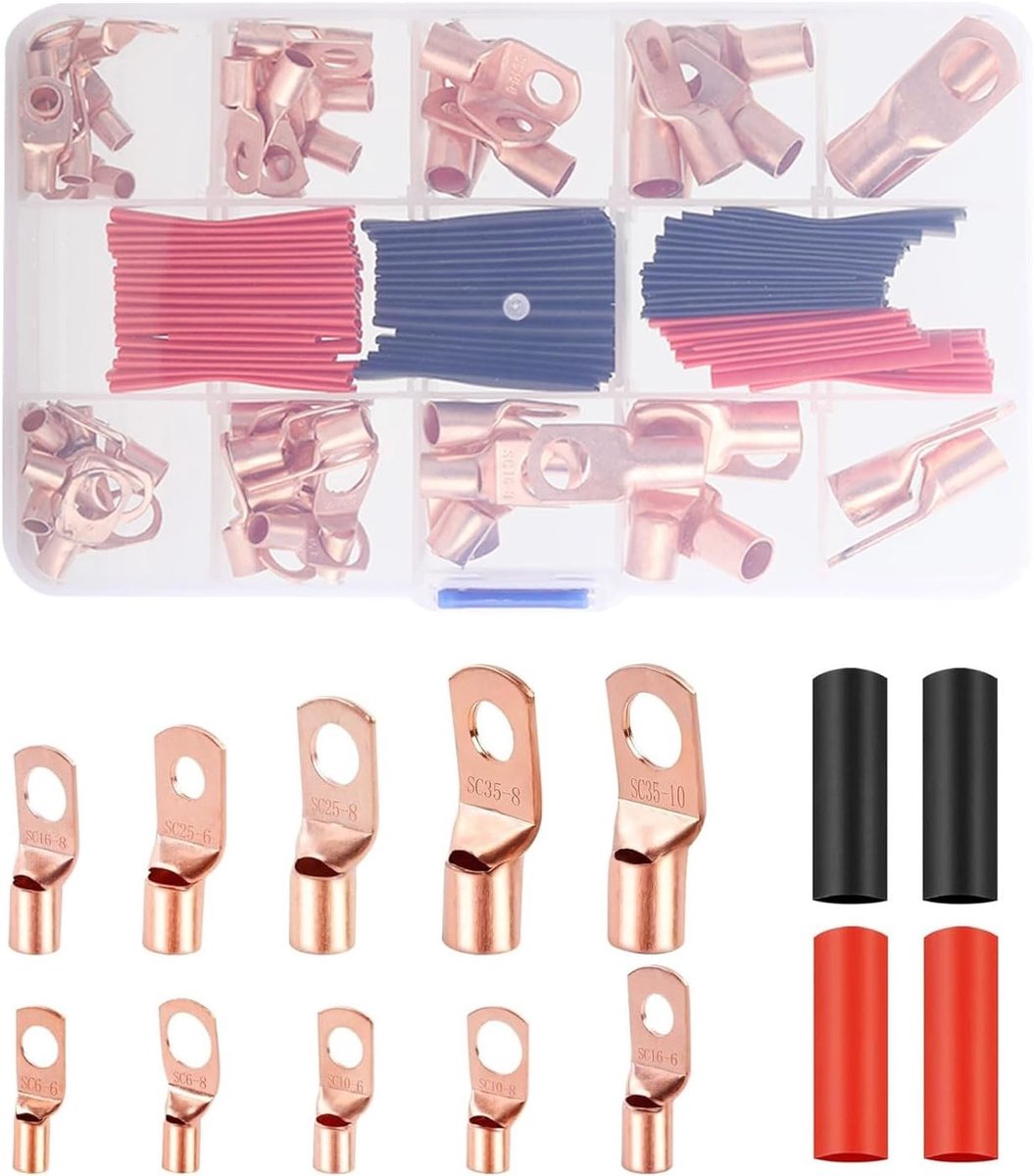 Kabelschoen Set met 130 Stuks AWG 2-12, Inclusief 66 Stuks Krimpkous en 64 Stuks Ring Terminals voor Auto's, Vaartuigen en Elektrische Toepassingen