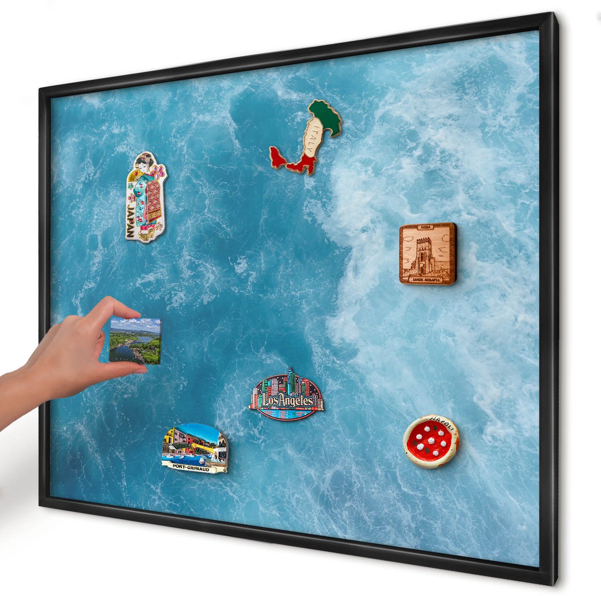 Artprintcave Blauw Magneetbord mit Zwart Frame - 80x60 cm - Oceaangolven Notitiebord - Abstract Magneet Bord mit Frame - Natuur