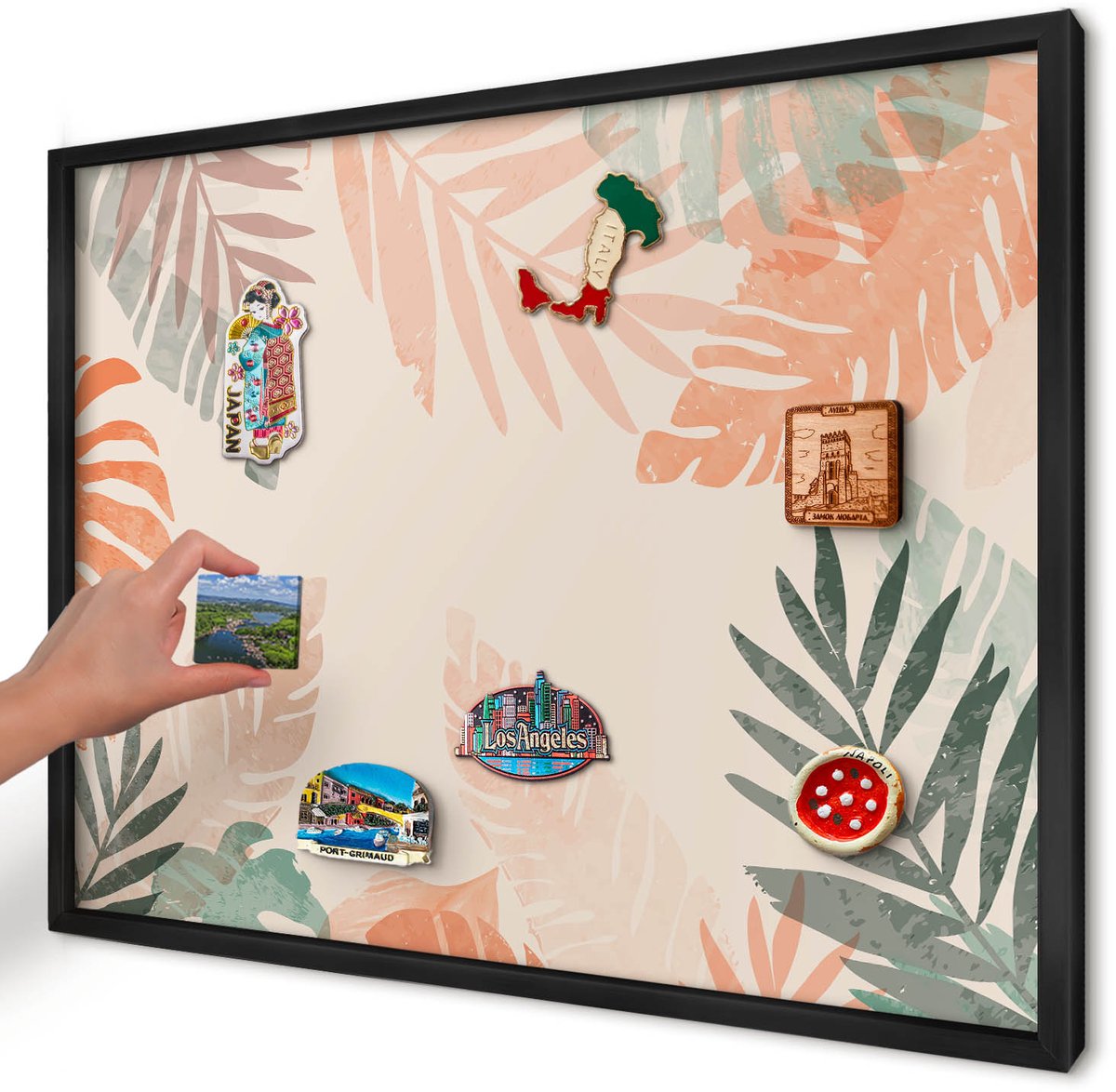 Artprintcave Beige Magneetbord mit Zwart Frame - 70x50 cm - Tropische Bladeren Wandbord Magnetisch - Modern Notitiebord - Bloemen En Planten