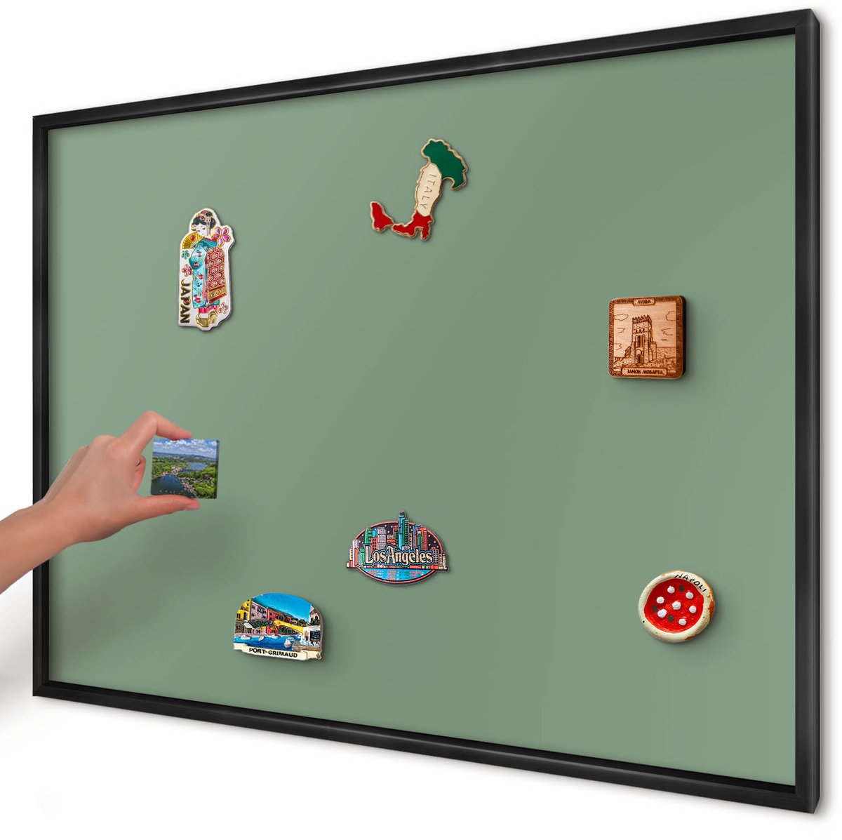 Artprintcave Groente Magneetbord mit Zwart Frame - 100x70 cm - Gedempt Groen Magnetisch Bord Voor Magneten - Minimalist Memobord Keuken - Achtergronden En Patronen
