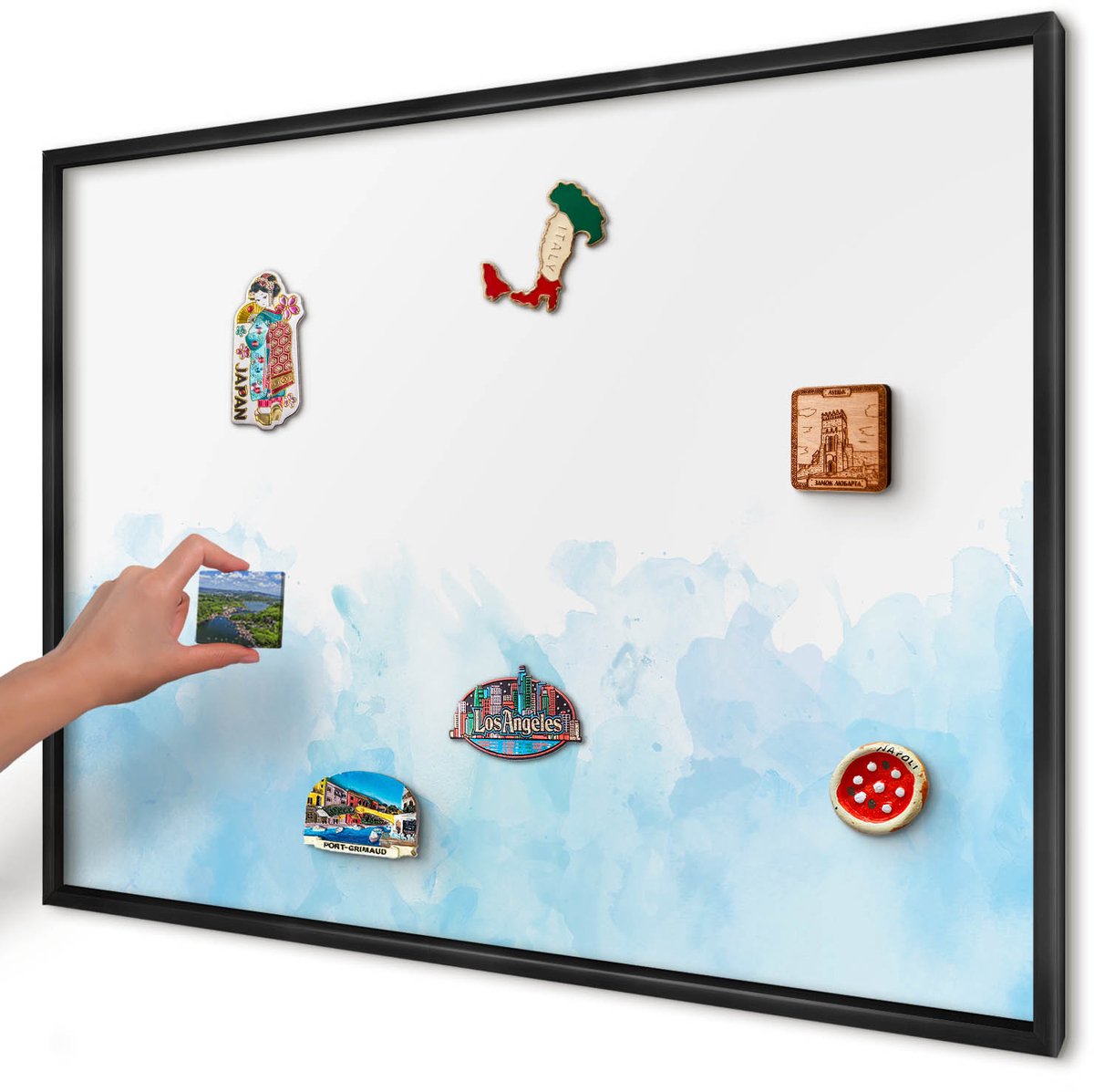 Artprintcave Blauw Magneetbord mit Zwart Frame - 100x70 cm - Rustgevend Landschap Magnetisch Bord Voor Magneten - Waterverf Memobord Keuken - Abstractie