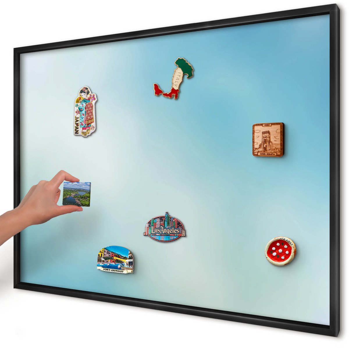 Artprintcave Blauw Magneetbord mit Zwart Frame - 100x70 cm - Blauwe Lucht Notitiebord - Minimalist Magnetisch Bord - Achtergronden En Patronen