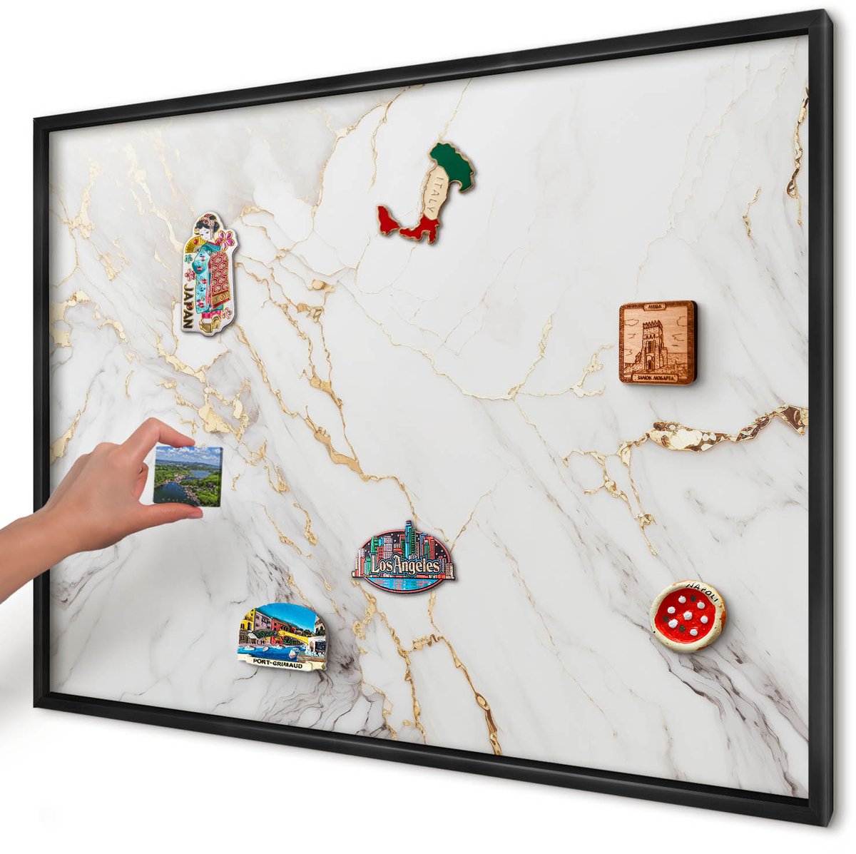 Artprintcave Wit Magneetbord mit Zwart Frame - 100x70 cm - Marmeren Elegantie Magneetbord Voor Keuken - Klassiek Wandbord Magnetisch - Texturen