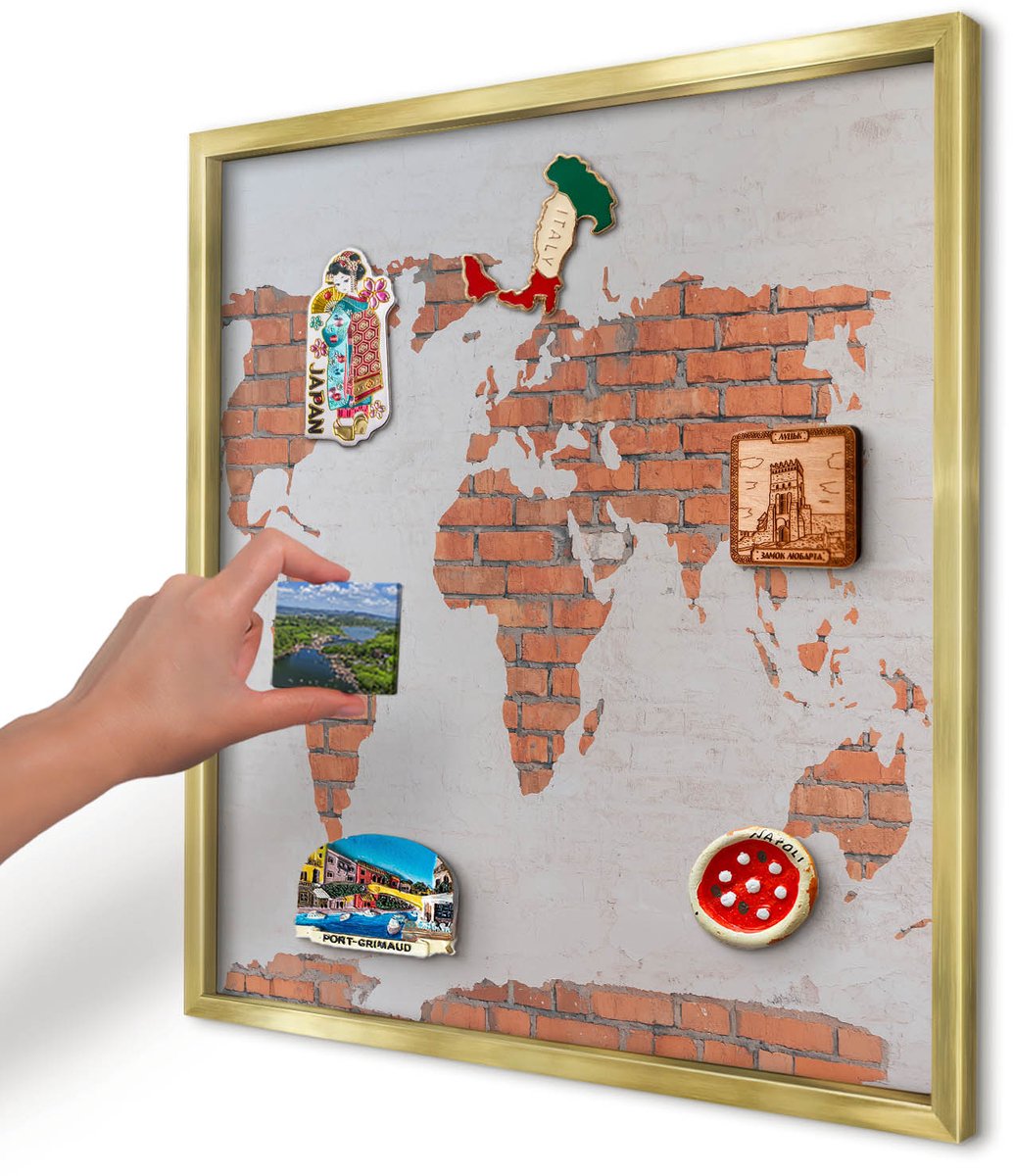 Artprintcave Oranje Magneetbord mit Gouden Frame - 50x50 cm - Bakstenen Plattegrond Wandbord Magnetisch - Industrieel/Loft Magnetisch Bord Voor Magneten - Kaarten