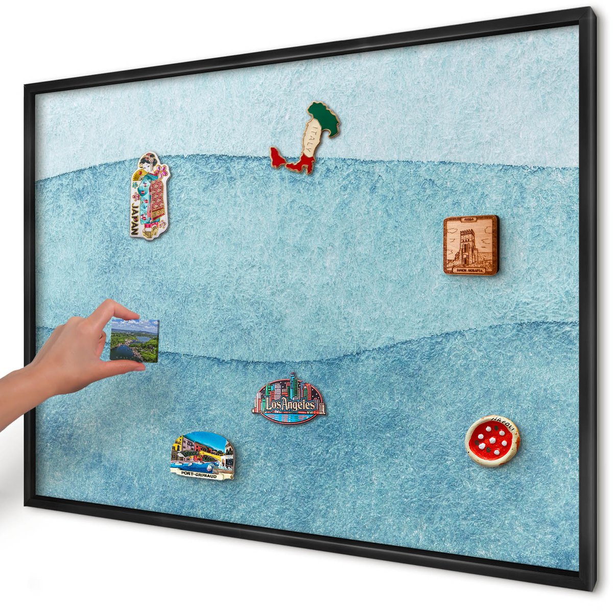 Artprintcave Blauw Magneetbord mit Zwart Frame - 100x70 cm - Blauwe Golven Magnetisch Bord - Abstract Magneet Bord mit Frame - Abstractie