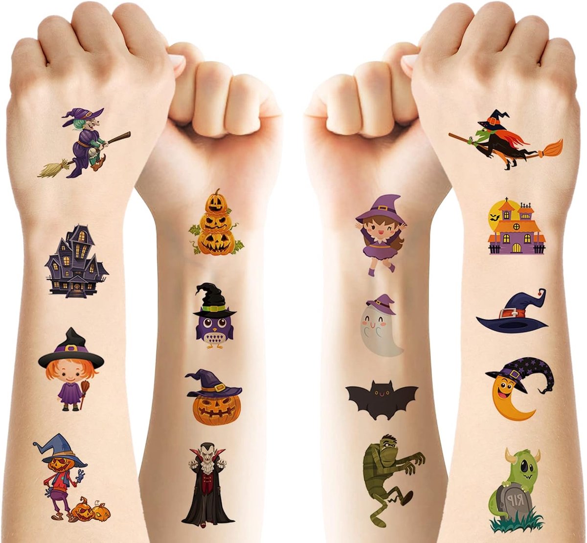 Tijdelijke tattoo voor kinderen, 10 vellen Glow In The Dark Halloween-tatoeages Stickers, waterdichte lichtgevende nep-tatoeage voor Trick or Treat-tassen Filler Halloween-feestgunsten (halloween-A)