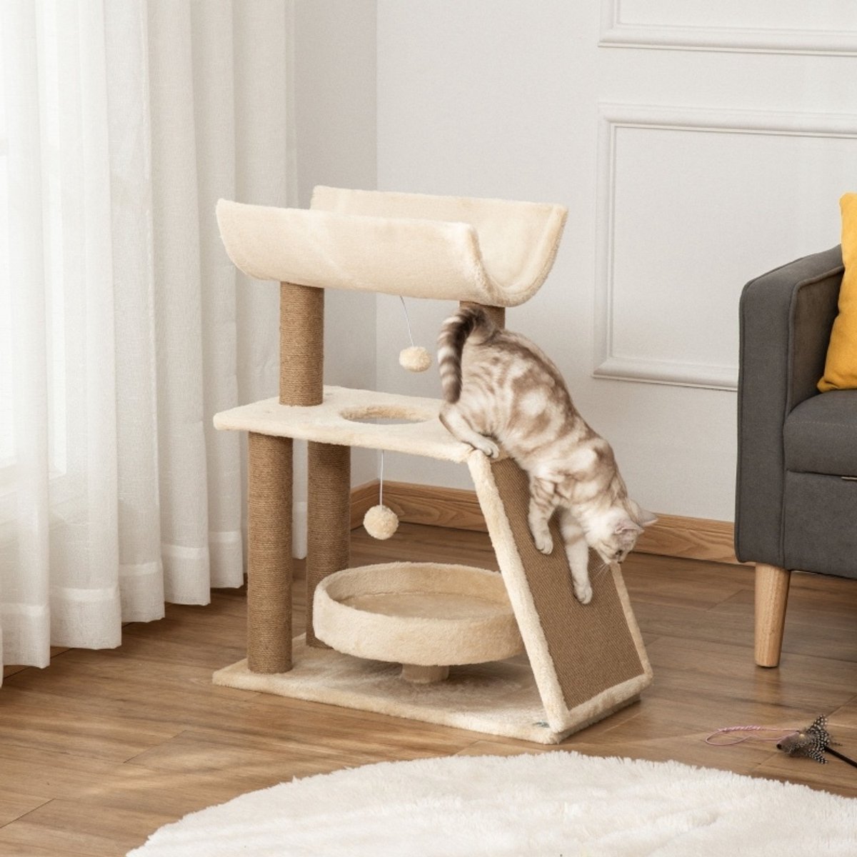 REDOM - Krabpaal voor katten met meerdere niveaus - Sisal krabplank en hangende ballen - Pluche bekleding - Natuurlijk - 60 x 30 x 76 cm