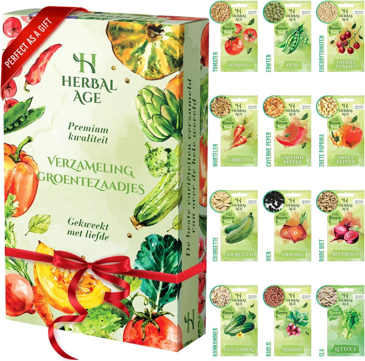 Kweekset voor Zaaddoos - 12 Groentezaden voor 5100 Planten - Heirloom Zaden voor Erwten, Courgette, Wortel, Ui, Sla en Tomaat