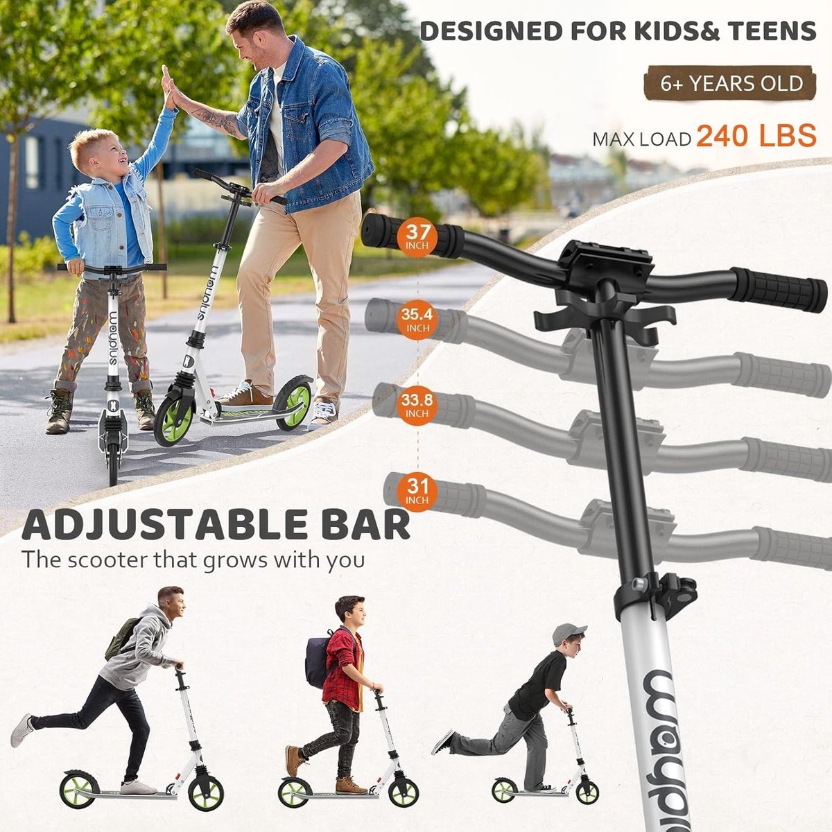SnelShoppen - WAYPLUS Kinder Scooter met 200mm PU Wielen, ABEC-9 Lagers, Verstelbaar van 78-94 cm, Vouwbaar, Incl. Draagriem, Tilt Control & Voetrem -