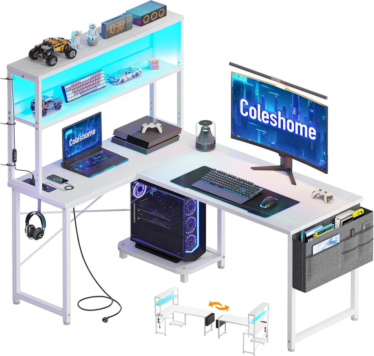 L-vormige gaming desk 110x80cm - witte hoekbureau met LED - verstelbare monitorstand - ergonomisch ontwerp voor gamers - ShopVlot