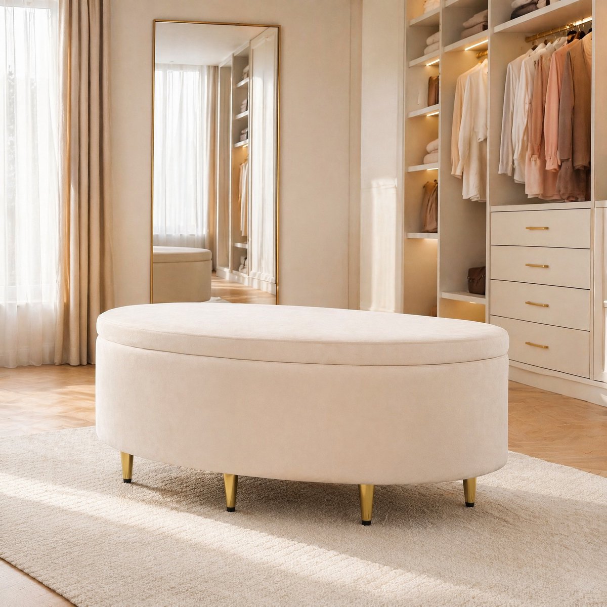 Poef Met Opbergruimte - 90 X 40 X 42 Cm - Velvet - Beige - Voor Binnen - Met Metalen Poten