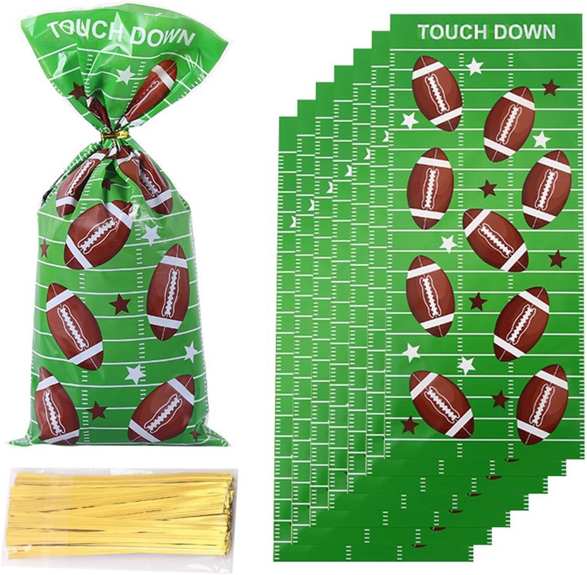SnelShoppen - 50 Cellofaan Snoepzakjes Rugby en Voetbal Groen - Perfect voor Feestjes, Gastgeschenken voor Kinderen, Jongens en Mannen