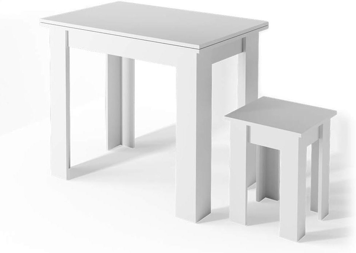 Eettafel met kruk - Keukenset compact - Kleine ruimtes - Uitschuifbaar tafelblad - 90 x 60 cm - Wit