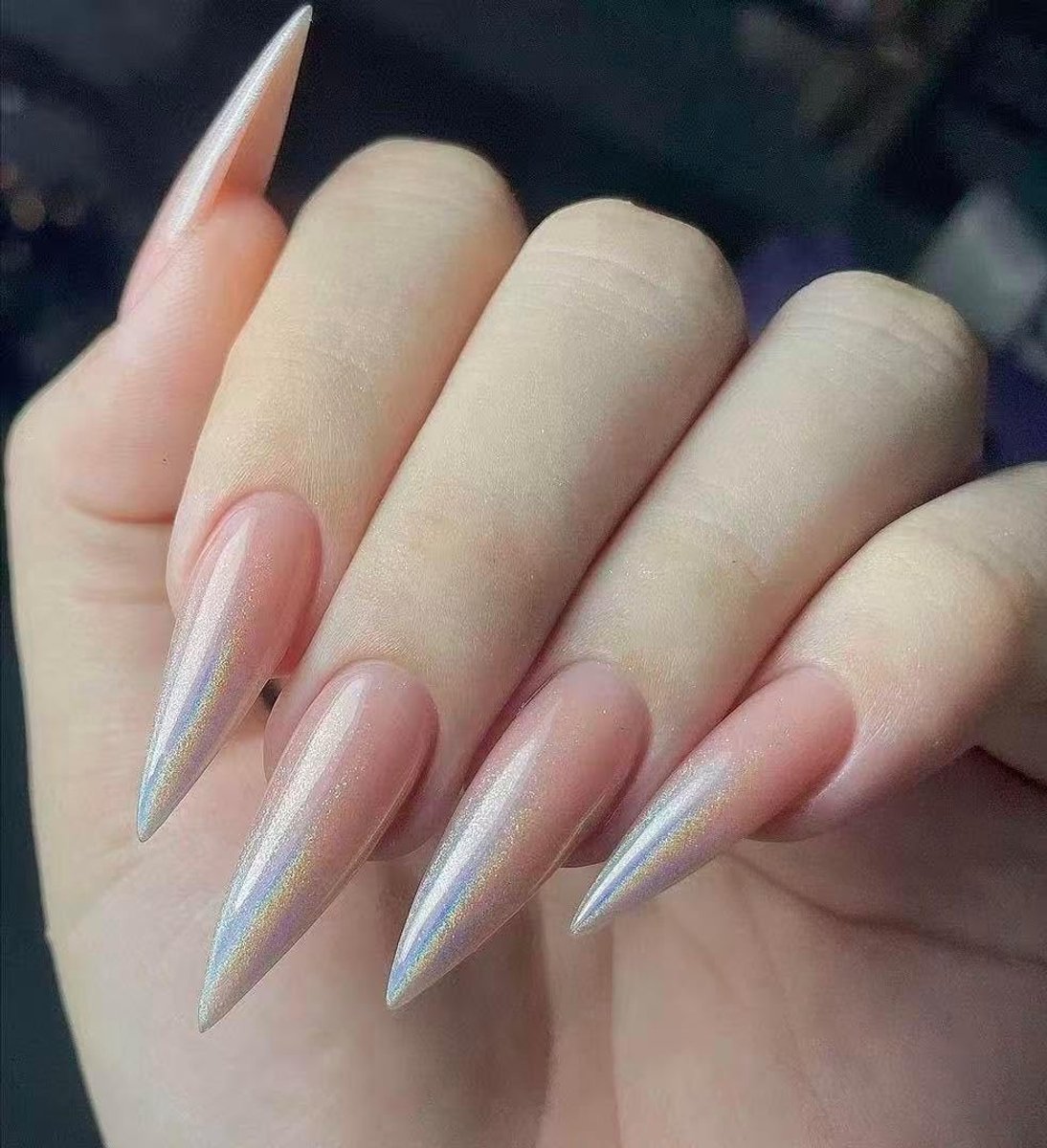 nagels, lang, stiletto, roze, verloop, glitter, Sparkly Glazed Donut Hailey Bieber stijl, met nagellijm, verchroomde kunstnagels