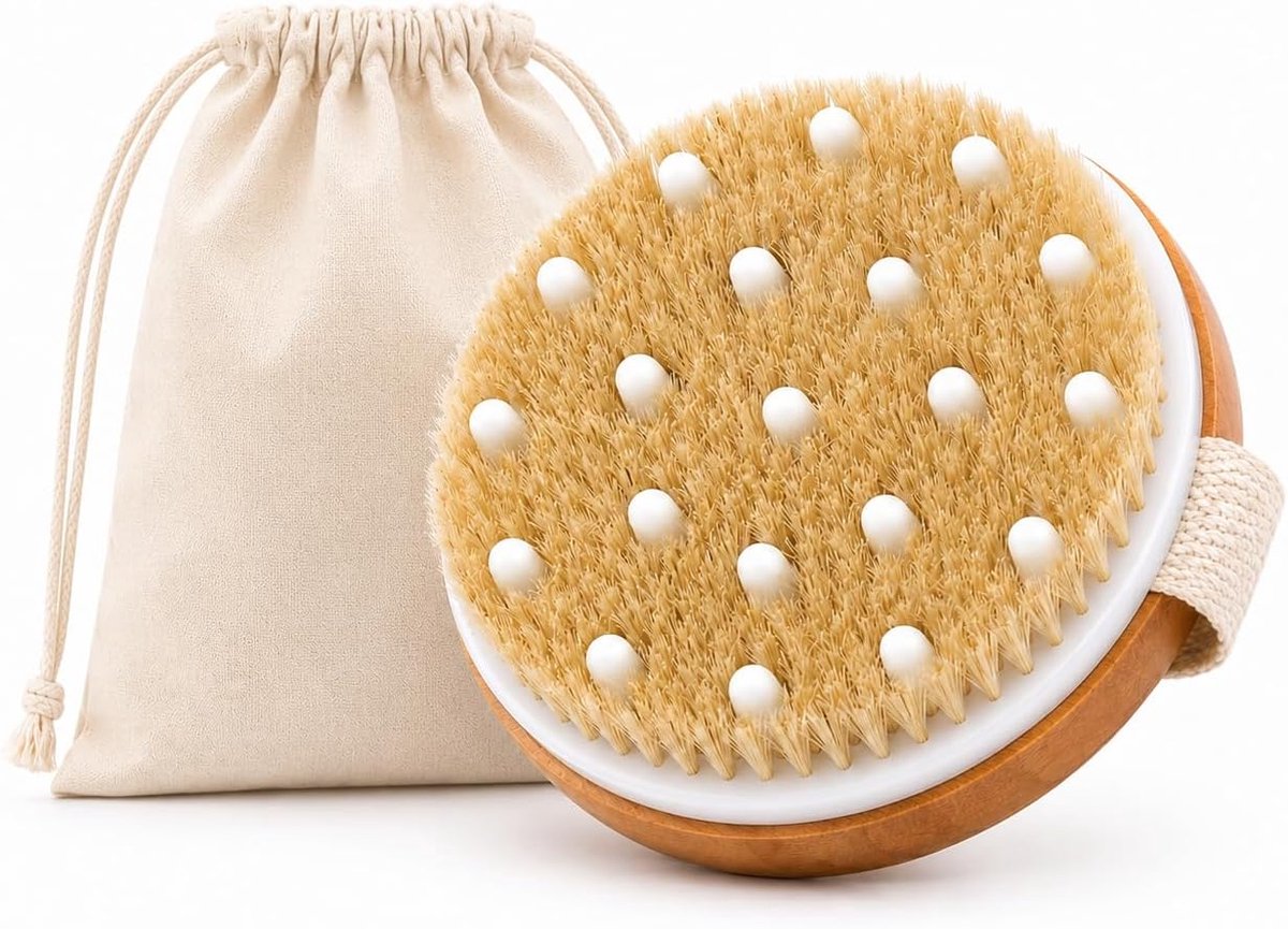 lichaamsborstel, Dry Brush met zak | Voor lymfedrainage, peeling, droge massage en dagelijkse lichaamsverzorging