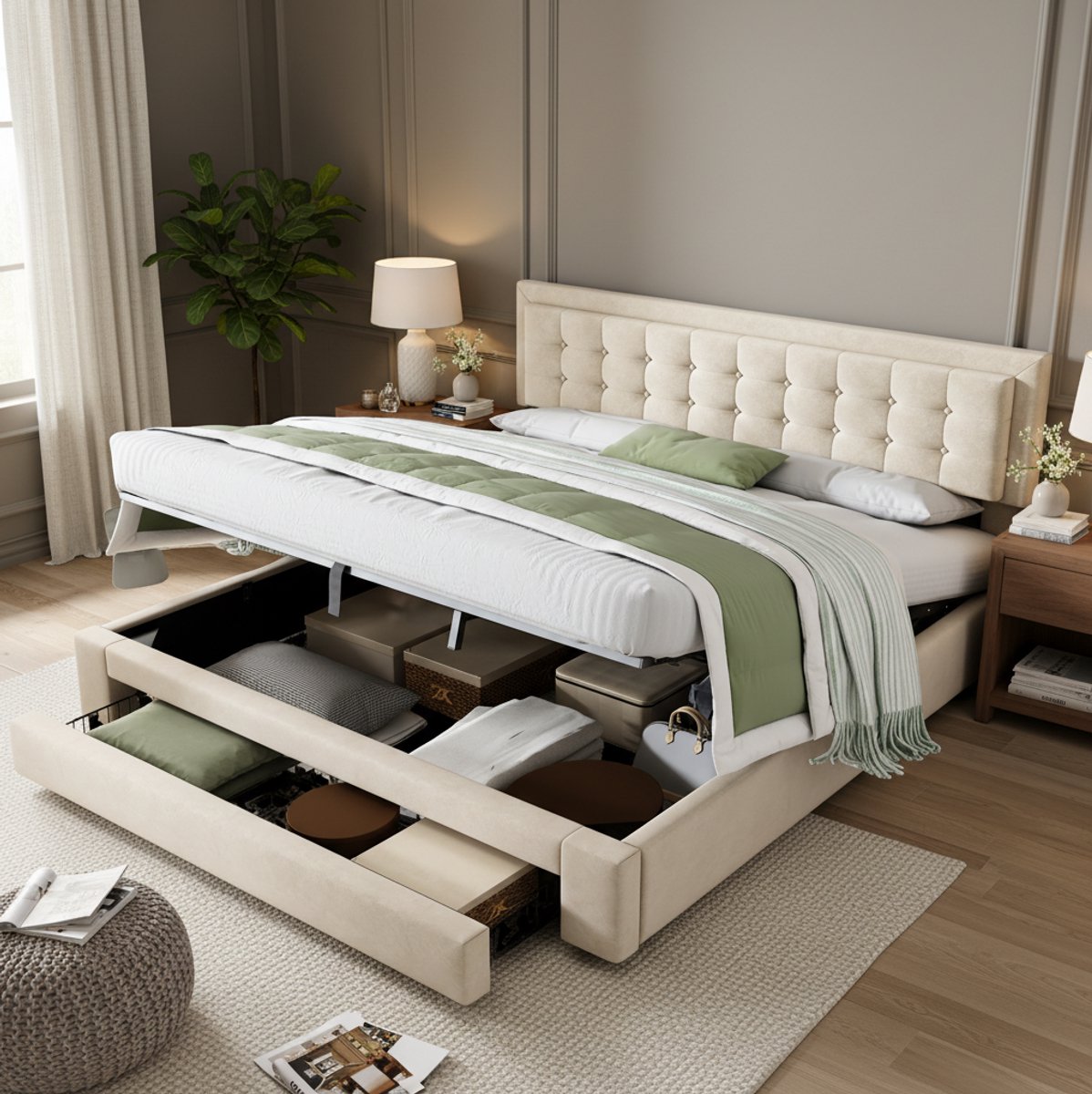 FloraGrace Bed 180 x 200 cm - Gestoffeerd Bed Met Opbergruimte En Lades - Verstelbaar Hoofdeinde - Velours - Beige - Zonder Matras
