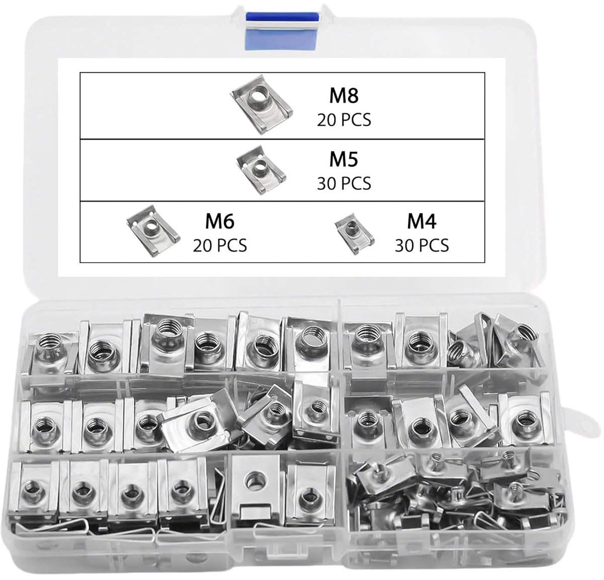 metalen clipmoeren - 100 stuks metalen plaatmoeren bevestiging clips | U-type plaatmoeren roestvrij staal M4 M5 M6 M8 met opbergdoos voor reparatie in deurbekleding dakbekleding