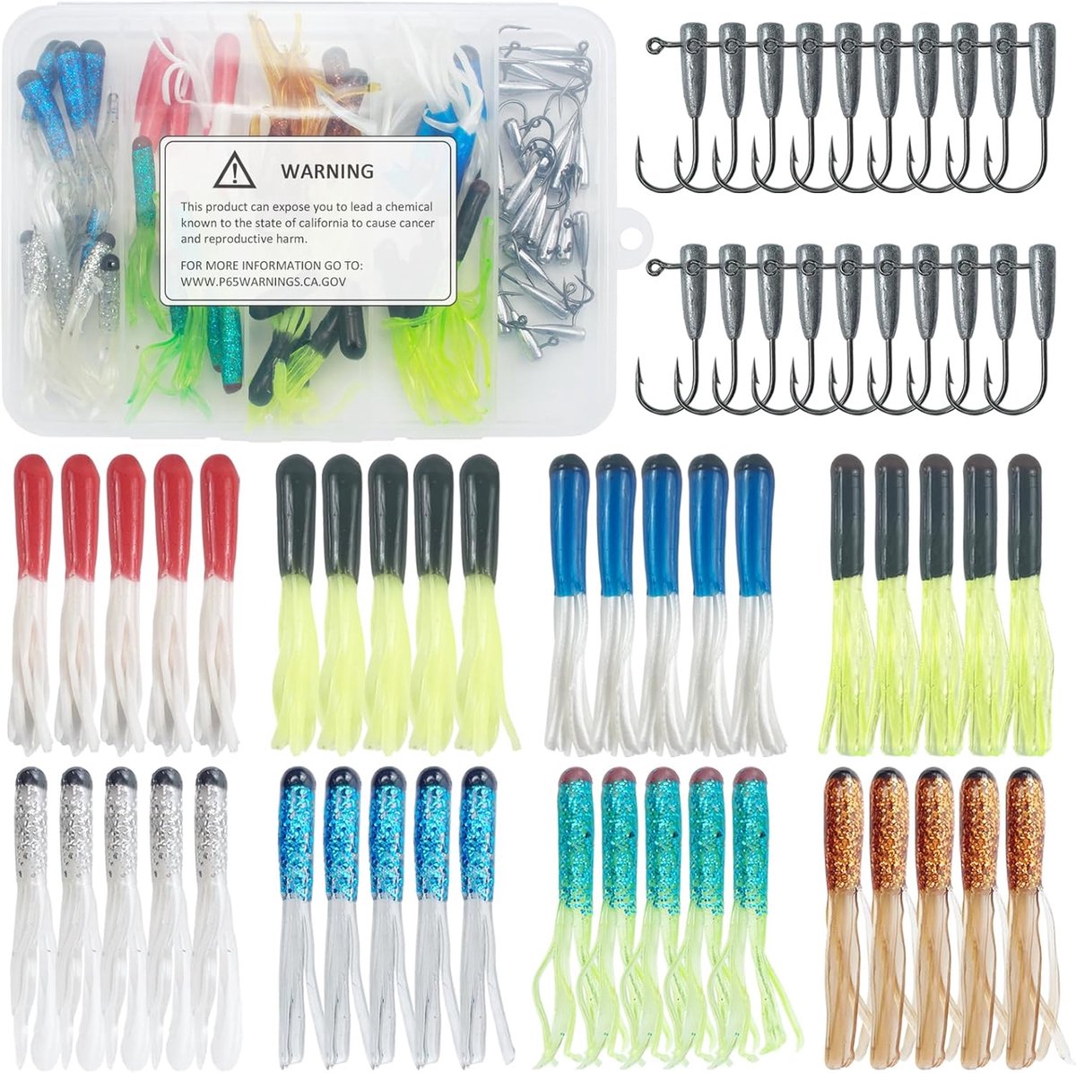 Tube Bait Set, 131/61 stuks visaas met jigkop, crappie tube aas, rubberen aas, jigs voor baars, forel