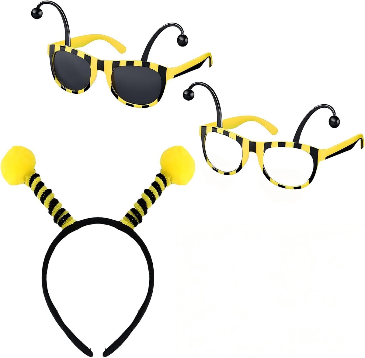 feestbril hommel zonnebril zwart geel bijenaccessoire verkleedfeest carnaval volwassenen kinderen grappige outfit set 1 stuk 17x8cm + hoofdband 20x20cm