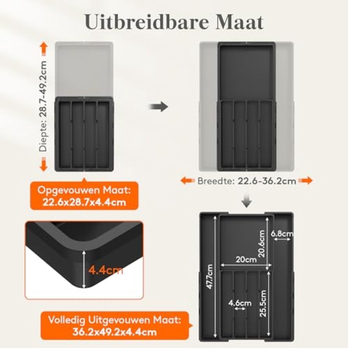 Bestekbak voor laden, 4-7 vakken, verstelbaar in breedte en diepte, kunststof keukenorganizer, 22,6 tot 36,2 cm, zwart