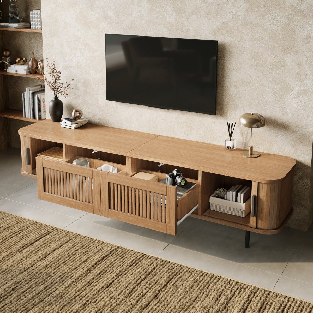 REDOM - TV-meubel - Afgeronde vorm - 2 lades en 2 schuifdeuren - APP-gestuurde LED-verlichting - MDF en spaanplaat - Naturel - 180 x 40 x 44,5 cm