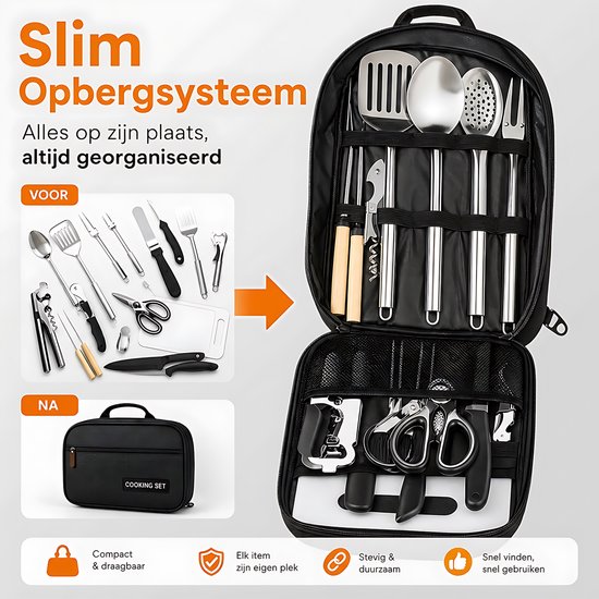 RVS Camping Kookset - Outdoor Bestek Set Met Opbergtas - Kampeer Keukengerei - Mes Vork Lepel Spatel Tang Set - BBQ En Picknick Accessoires - Draagbare Reis Keuken Set - Zwart van rvs — afbeelding 5